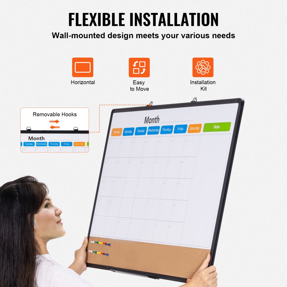 VEVOR Combo de Pizarra Blanca y Tablero de Corcho con Calendario Mensual 90x60 cm con Marco de Aluminio Tablón de Anuncios Magnético de Borrado en Seco Montado en Pared para Hogar, Escuela, Oficina