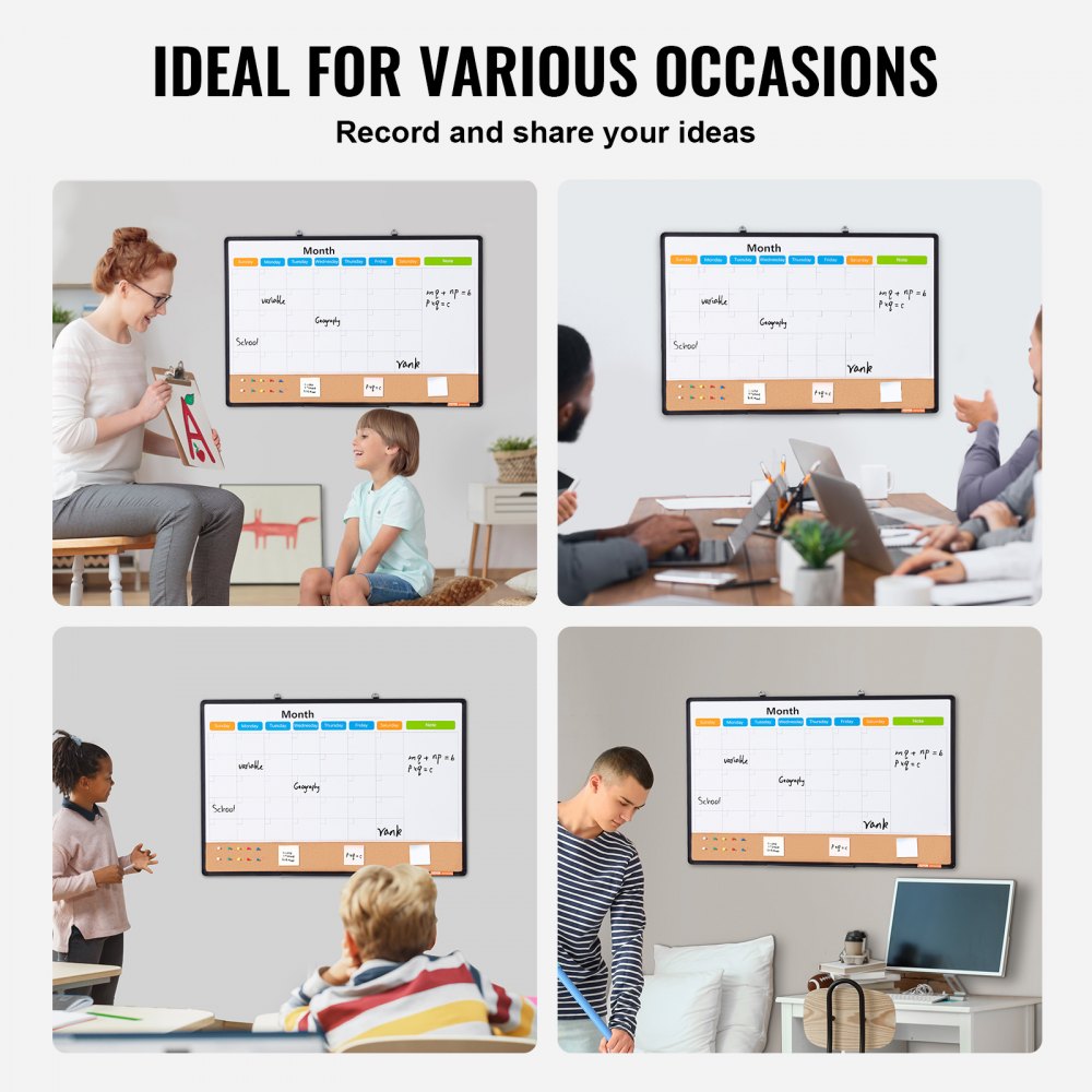 VEVOR Combo de Pizarra Blanca y Tablero de Corcho con Calendario Mensual 90x60 cm con Marco de Aluminio Tablón de Anuncios Magnético de Borrado en Seco Montado en Pared para Hogar, Escuela, Oficina