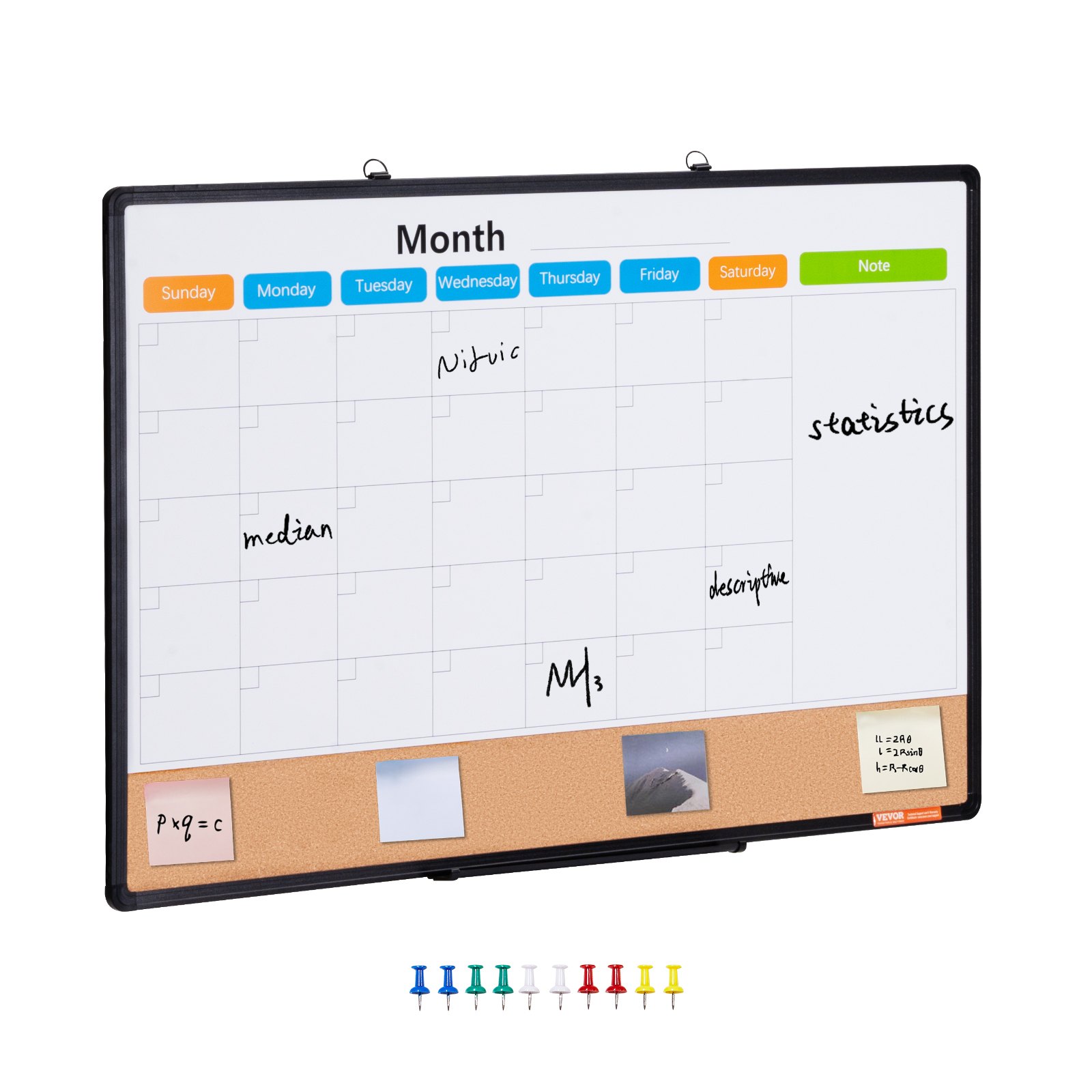 VEVOR Combo de Pizarra Blanca y Tablero de Corcho con Calendario Mensual 90x60 cm con Marco de Aluminio Tablón de Anuncios Magnético de Borrado en Seco Montado en Pared para Hogar, Escuela, Oficina
