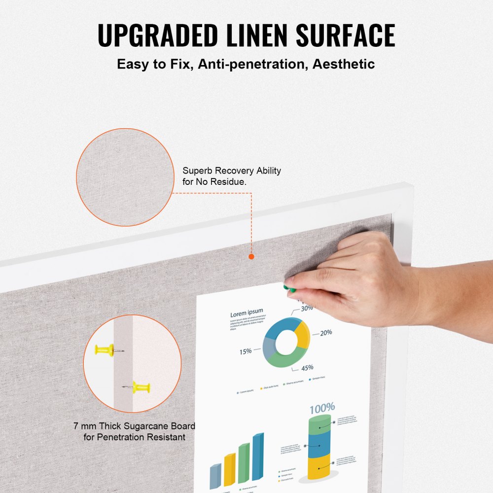 VEVOR 36"x24" white corkboard with linen surface – stylish wall-mounted pinboard for home, school, office – elegant and functional blackboard
