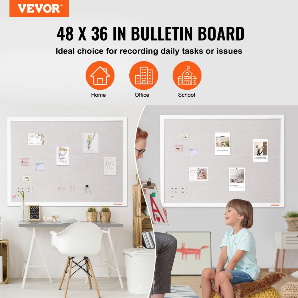 VEVOR 48"x36" white corkboard with linen surface – stylish wall-mounted pinboard for home, school, office – elegant and functional blackboard