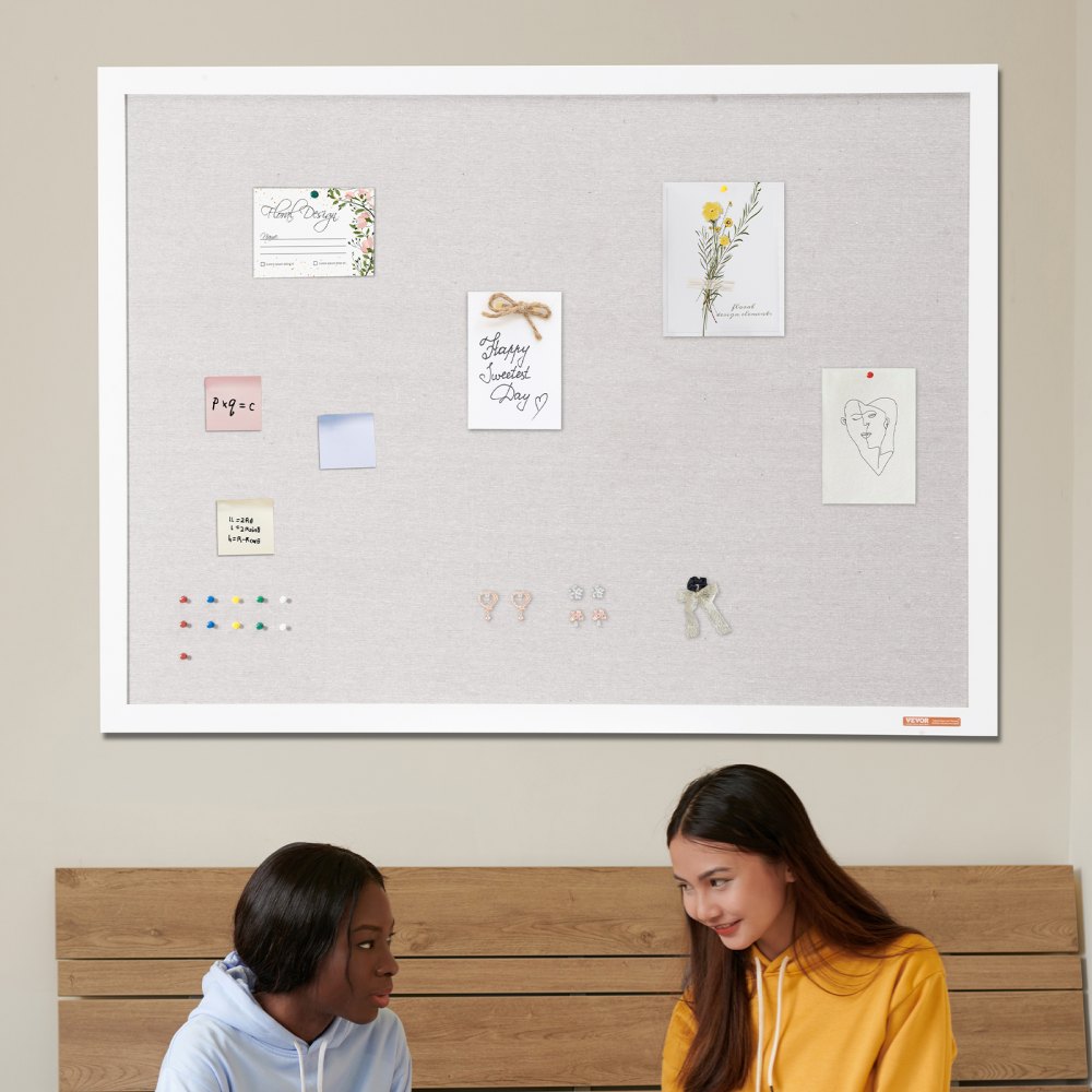 VEVOR 48"x36" white corkboard with linen surface – stylish wall-mounted pinboard for home, school, office – elegant and functional blackboard