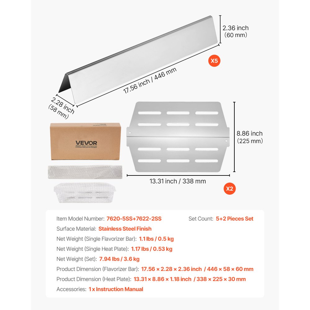 VEVOR Barras Saborizantes y Deflectores de Calor, Repuesto de Parrilla de 44 cm, para Weber Genesis Serie 300 E310, E320, E330, S310, S320 y S330, de Acero Inoxidable más Gruesa, Paquete de 7