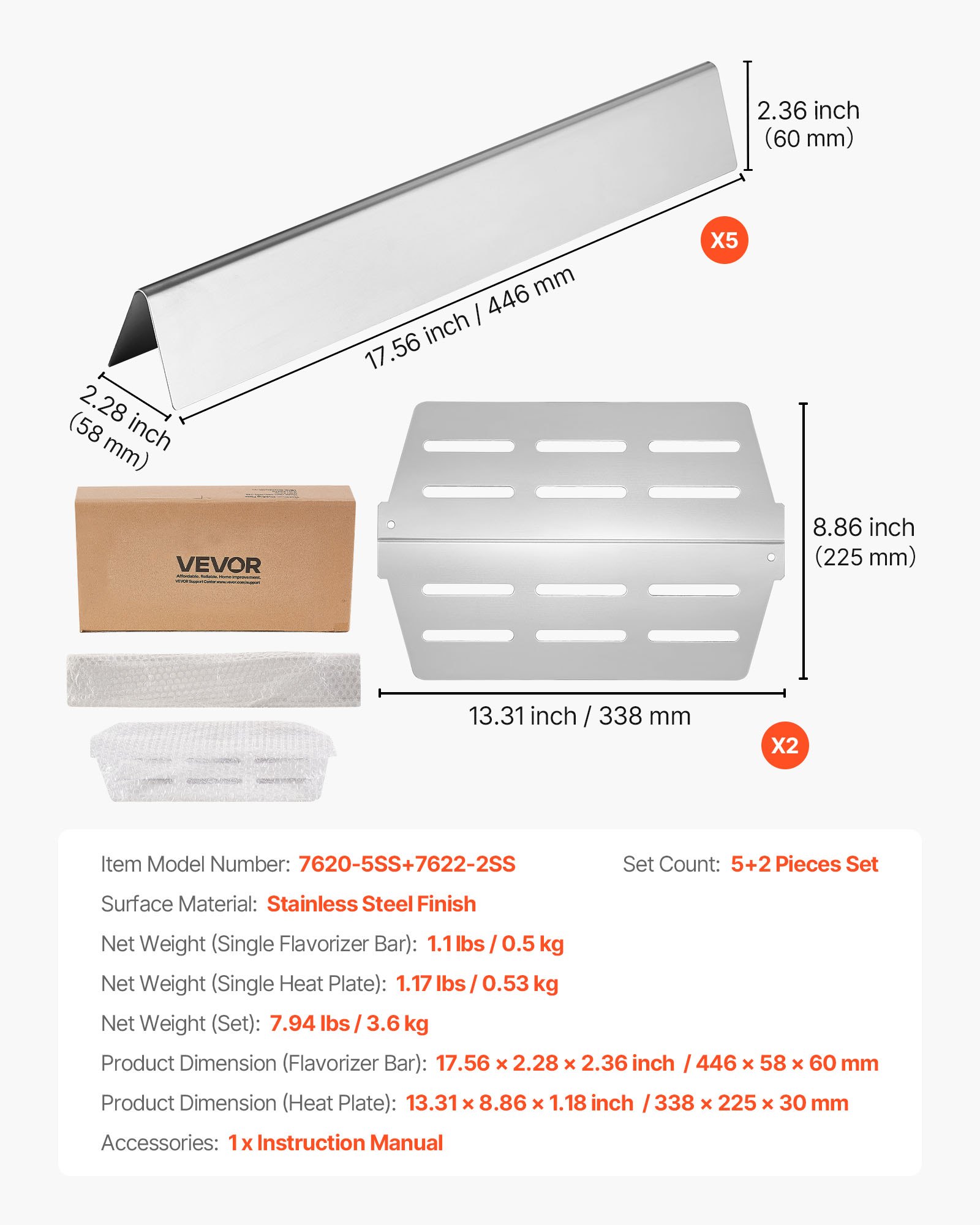 VEVOR Barras Saborizantes y Deflectores de Calor, Repuesto de Parrilla de 44 cm, para Weber Genesis Serie 300 E310, E320, E330, S310, S320 y S330, de Acero Inoxidable más Gruesa, Paquete de 7