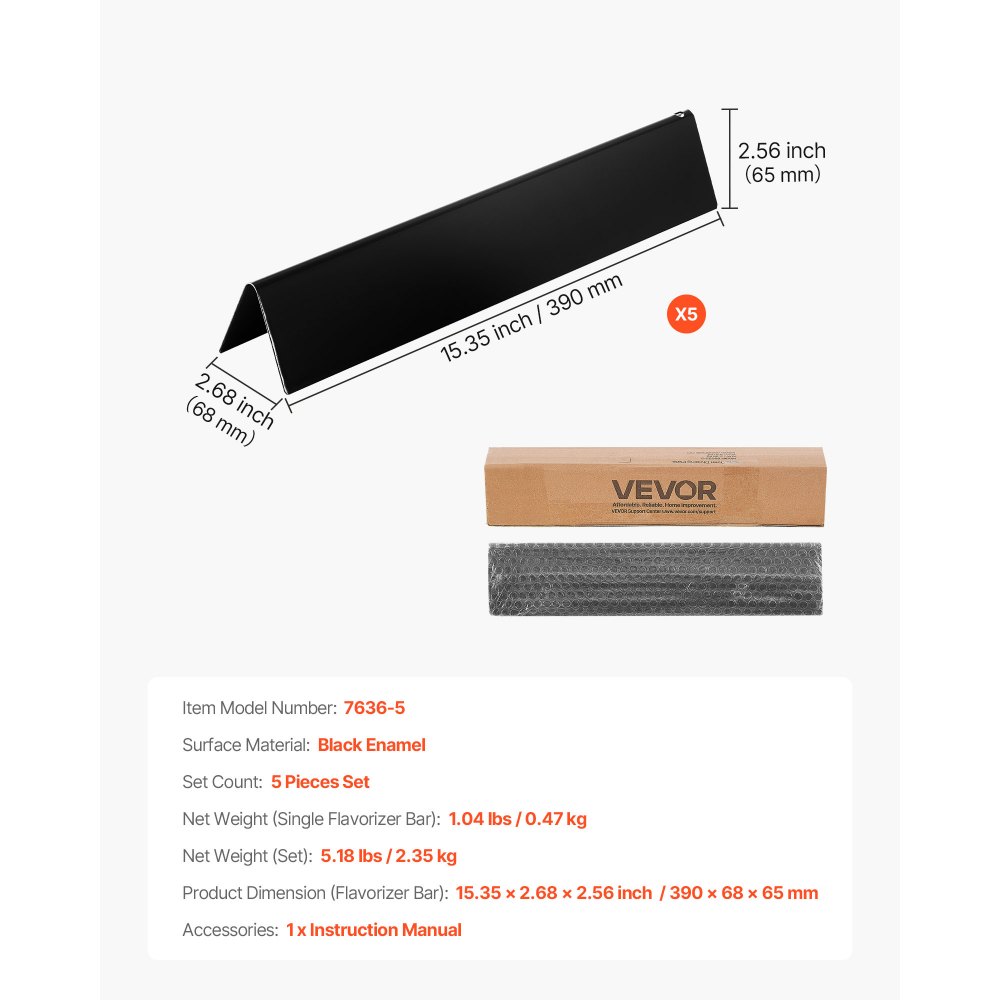 VEVOR Barras Saborizantes, Repuesto de Parrilla de 39 cm, para Parrillas Weber Spirit I y II Serie 300, Incluidas Spirit E-310, ll S-310 y ll E-320, de Acero Esmaltado en Porcelana, 5 Unidades