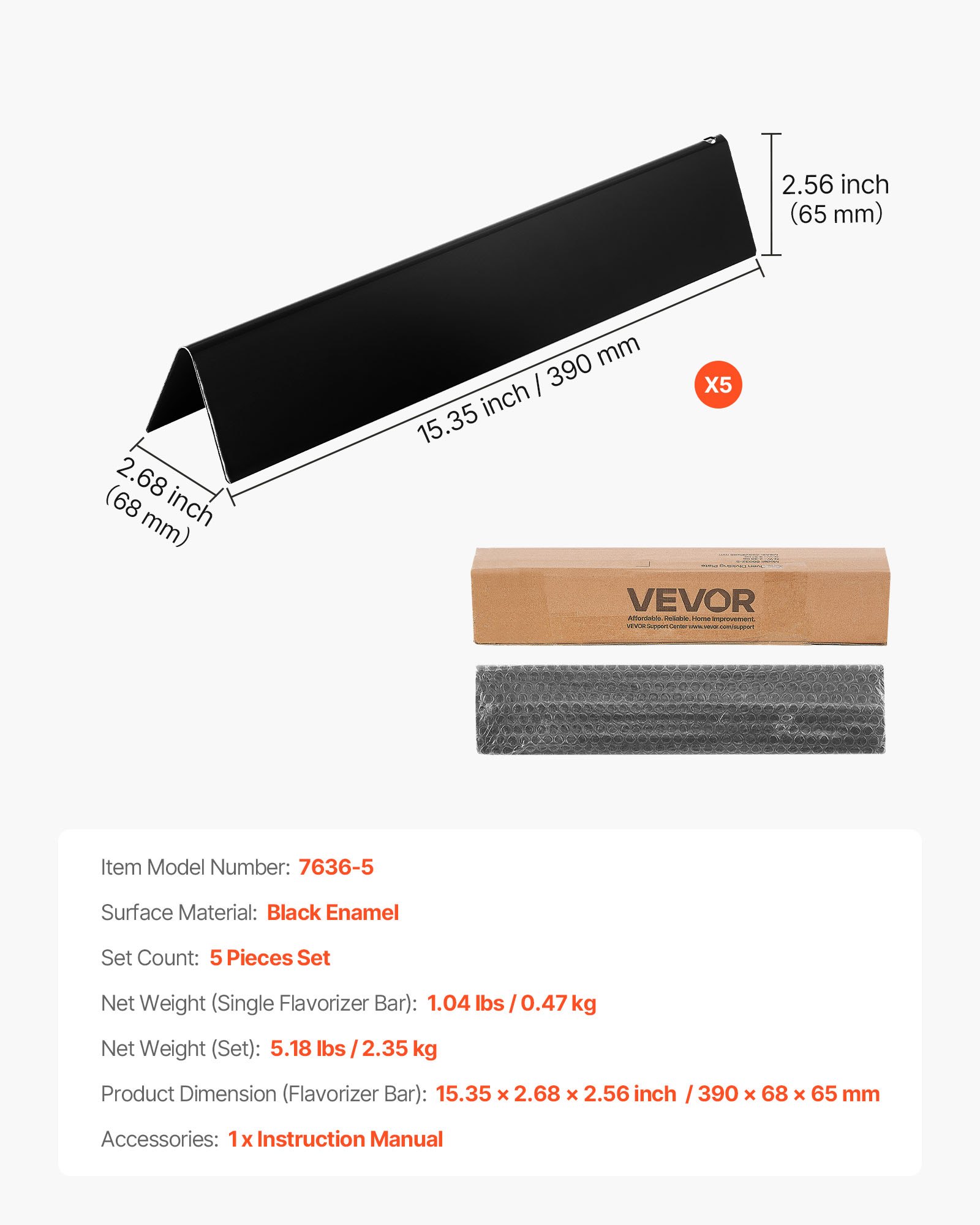 VEVOR Barras Saborizantes, Repuesto de Parrilla de 39 cm, para Parrillas Weber Spirit I y II Serie 300, Incluidas Spirit E-310, ll S-310 y ll E-320, de Acero Esmaltado en Porcelana, 5 Unidades