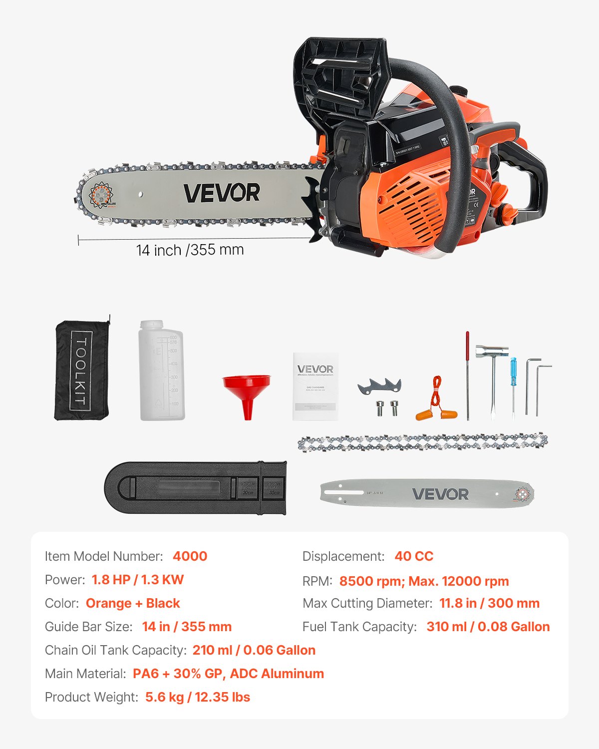 VEVOR Motosierra de Gasolina de 355 mm, Motosierra de Gasolina de 40 cc, 1,8 HP con Mango Antideslizante, Doble Depósito de Combustible, Ideal para Cortar Madera, Podar Árboles y Limpiar Terrenos
