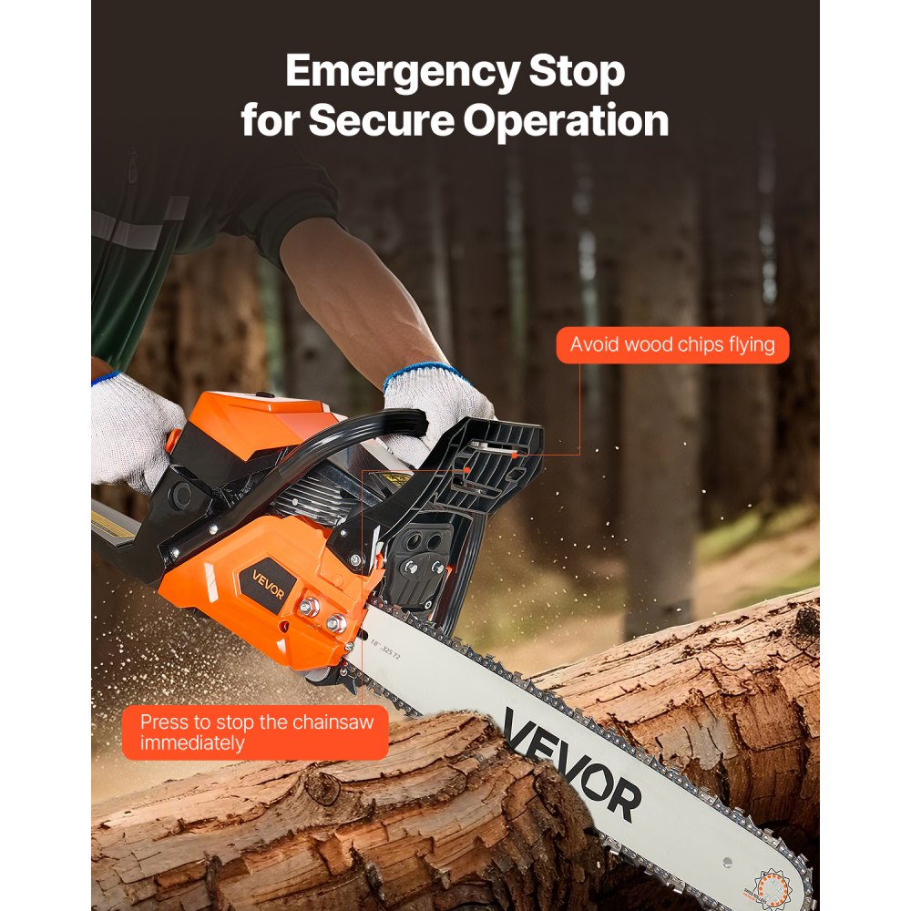 VEVOR 52cc Petrol Chainsaw, 455mm Chainsaw, 2.4HP Saw with Non-Slip Handle, Two Fuel Tanks and Emergency Stop Function, Max. 11800 RPM, for Logging, Tree Pruning and Clearing