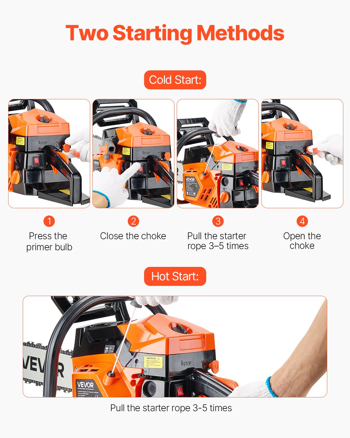 VEVOR 52cc Petrol Chainsaw, 455mm Chainsaw, 2.4HP Saw with Non-Slip Handle, Two Fuel Tanks and Emergency Stop Function, Max. 11800 RPM, for Logging, Tree Pruning and Clearing