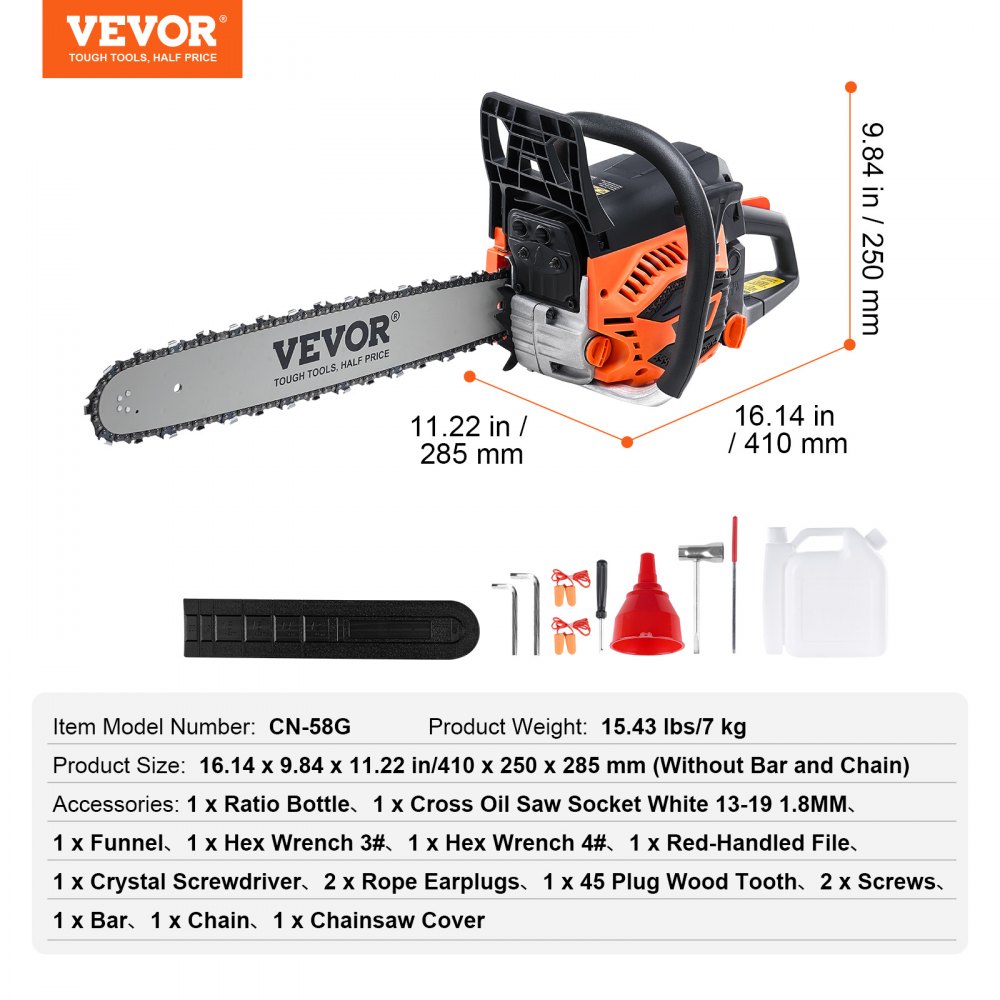 VEVOR Motosierra de Gasolina con Guía de Cadena 50,8 cm Inalámbrica 58CC 3,22HP para Corte de Ramas de Árboles, Poda de Árboles, Limpieza de Terrenos, Corte Forestal en Granjas, Jardines, Ranchos
