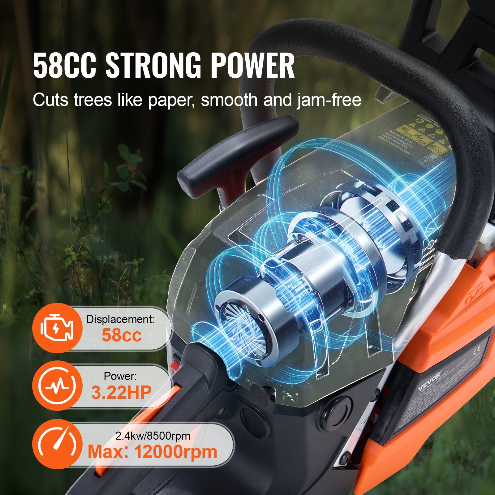 VEVOR Motosierra de Gasolina con Guía de Cadena 50,8 cm Inalámbrica 58CC 3,22HP para Corte de Ramas de Árboles, Poda de Árboles, Limpieza de Terrenos, Corte Forestal en Granjas, Jardines, Ranchos