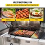 Plancha de acero al carbono VEVOR para asar camarones y brochetas con ejemplos de salmón, tocino y huevo.