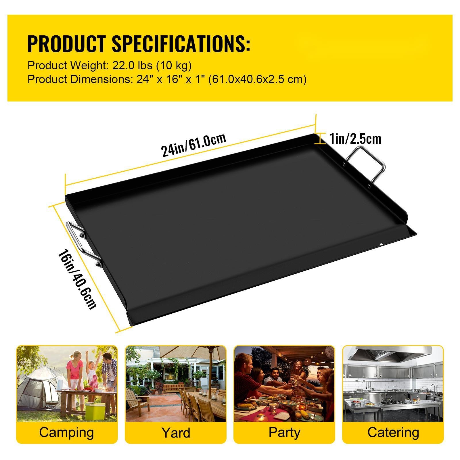 Plancha de acero al carbono VEVOR con dimensiones y peso, ideal para camping y restauración.