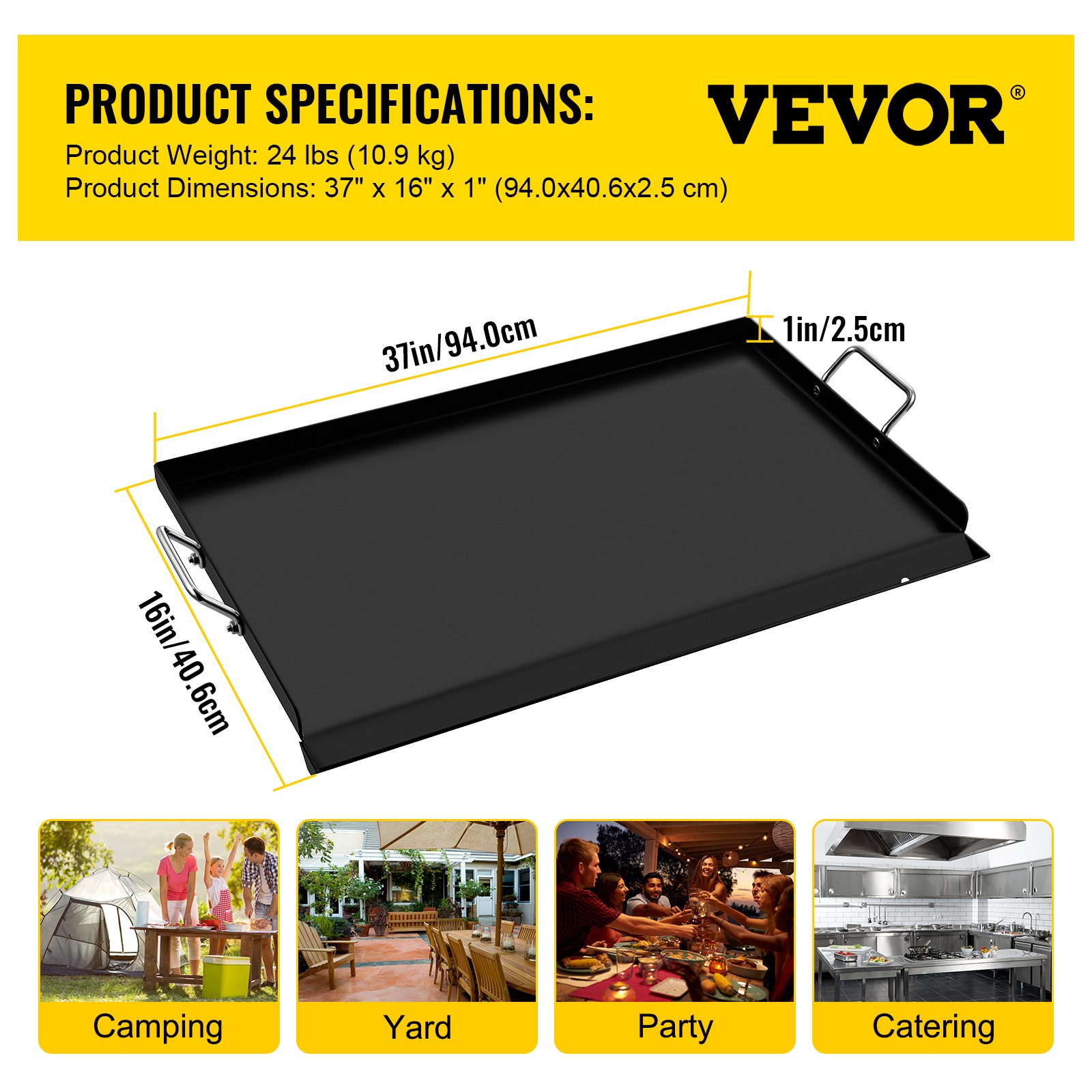 VEVOR Plancha de Parrilla 37x16x1 pulg. Plancha para Barbacoa, Material de Acero al Carbono, Placa de Parrilla Antiadherente, Deflector a Prueba de Salpicaduras para Panqueques, Tocino, Huevos, Salmón