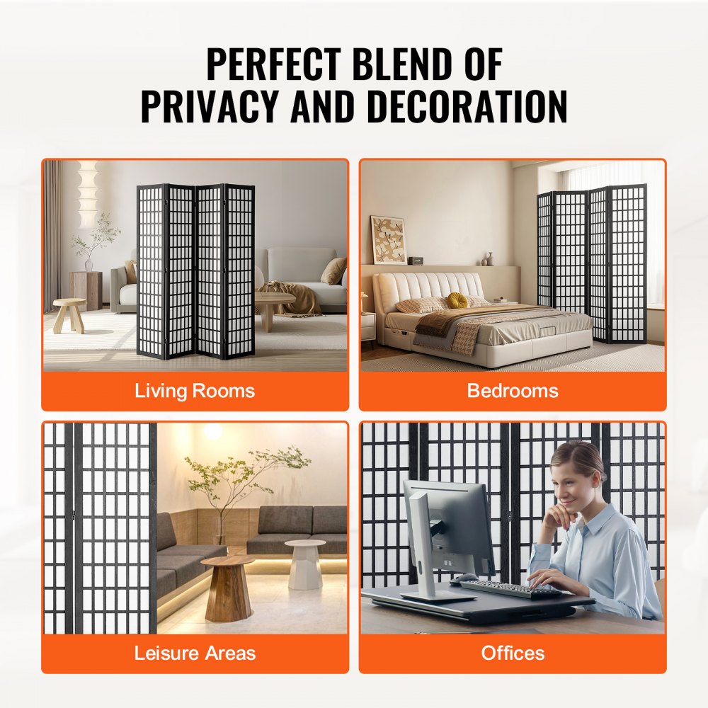 VEVOR 4-piece Japanese room divider, foldable wooden privacy screen for indoor use, Japanese partitions, portable decorative screens for room separation in restaurants & bedrooms