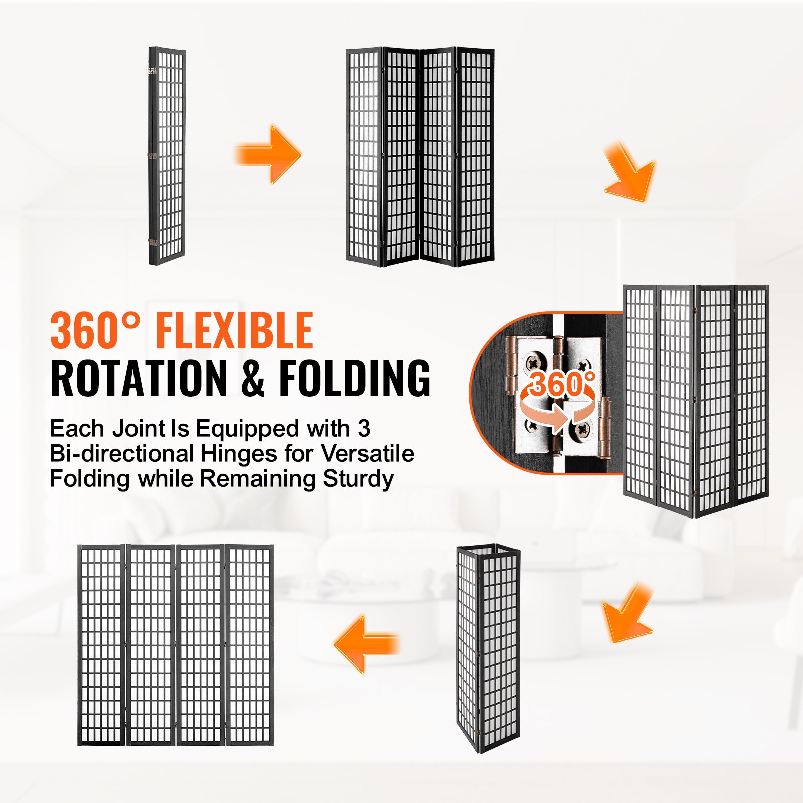 VEVOR 4-piece Japanese room divider, foldable wooden privacy screen for indoor use, Japanese partitions, portable decorative screens for room separation in restaurants & bedrooms