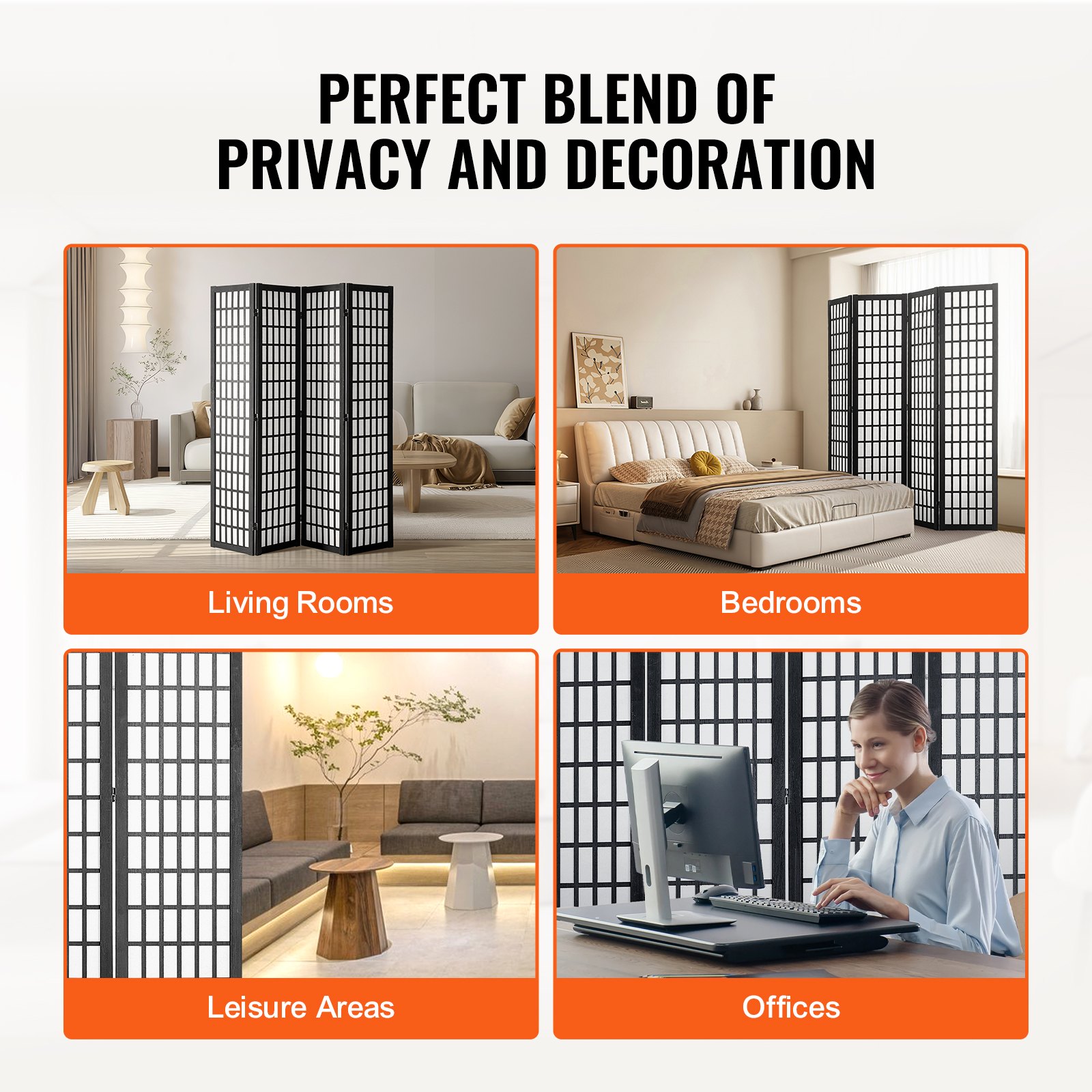 VEVOR 4-piece Japanese room divider, foldable wooden privacy screen for indoor use, Japanese partitions, portable decorative screens for room separation in restaurants & bedrooms