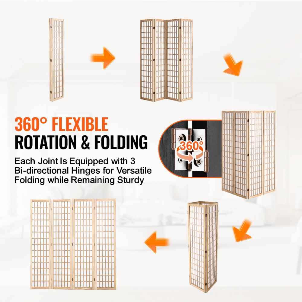 VEVOR Biombo Portátil de 4 Paneles, Biombo Japonés Plegable 1620 x 1700 x 18,5 mm, Separador Portátil y Decorativo para Separar Espacios en Casa, Oficina, Restaurante y Dormitorio, Color Madera