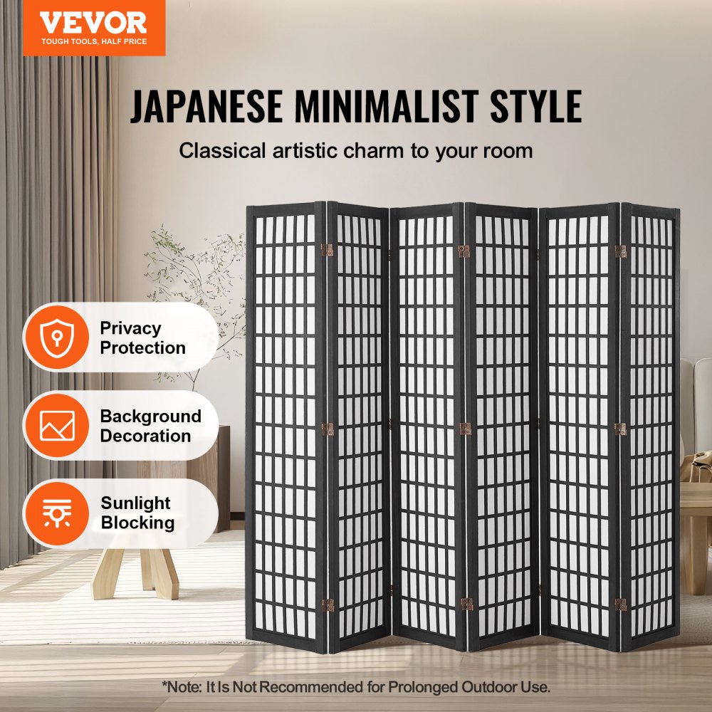 VEVOR Biombo de 6 Paneles, Biombo Japonés Plegable 2420 x 1700 x 18,5 mm para Interiores, Separador Portátil y Decorativo para Separar Espacios en Casa, Oficina, Restaurante y Dormitorio, Negro