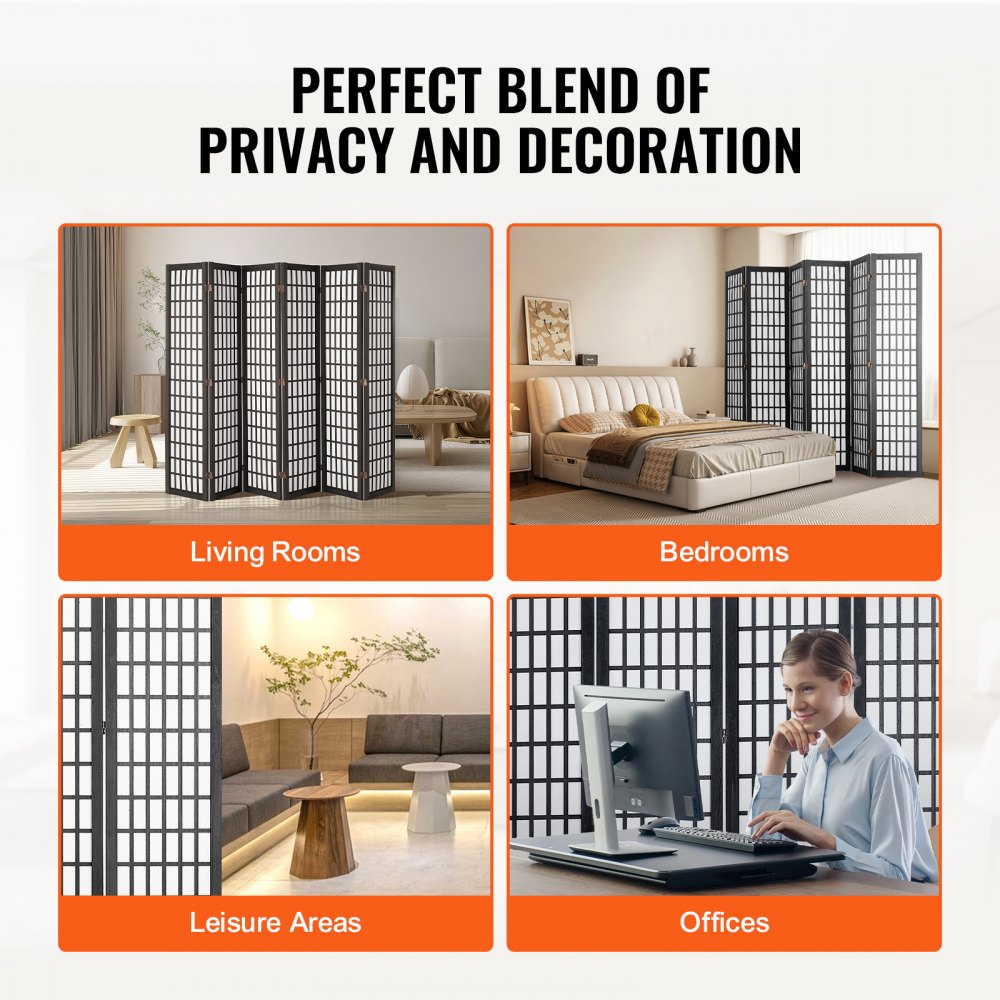 VEVOR Biombo de 6 Paneles, Biombo Japonés Plegable 2420 x 1700 x 18,5 mm para Interiores, Separador Portátil y Decorativo para Separar Espacios en Casa, Oficina, Restaurante y Dormitorio, Negro