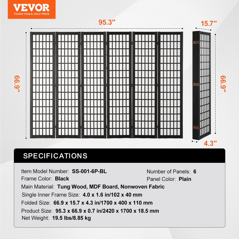 VEVOR Biombo de 6 Paneles, Biombo Japonés Plegable 2420 x 1700 x 18,5 mm para Interiores, Separador Portátil y Decorativo para Separar Espacios en Casa, Oficina, Restaurante y Dormitorio, Negro