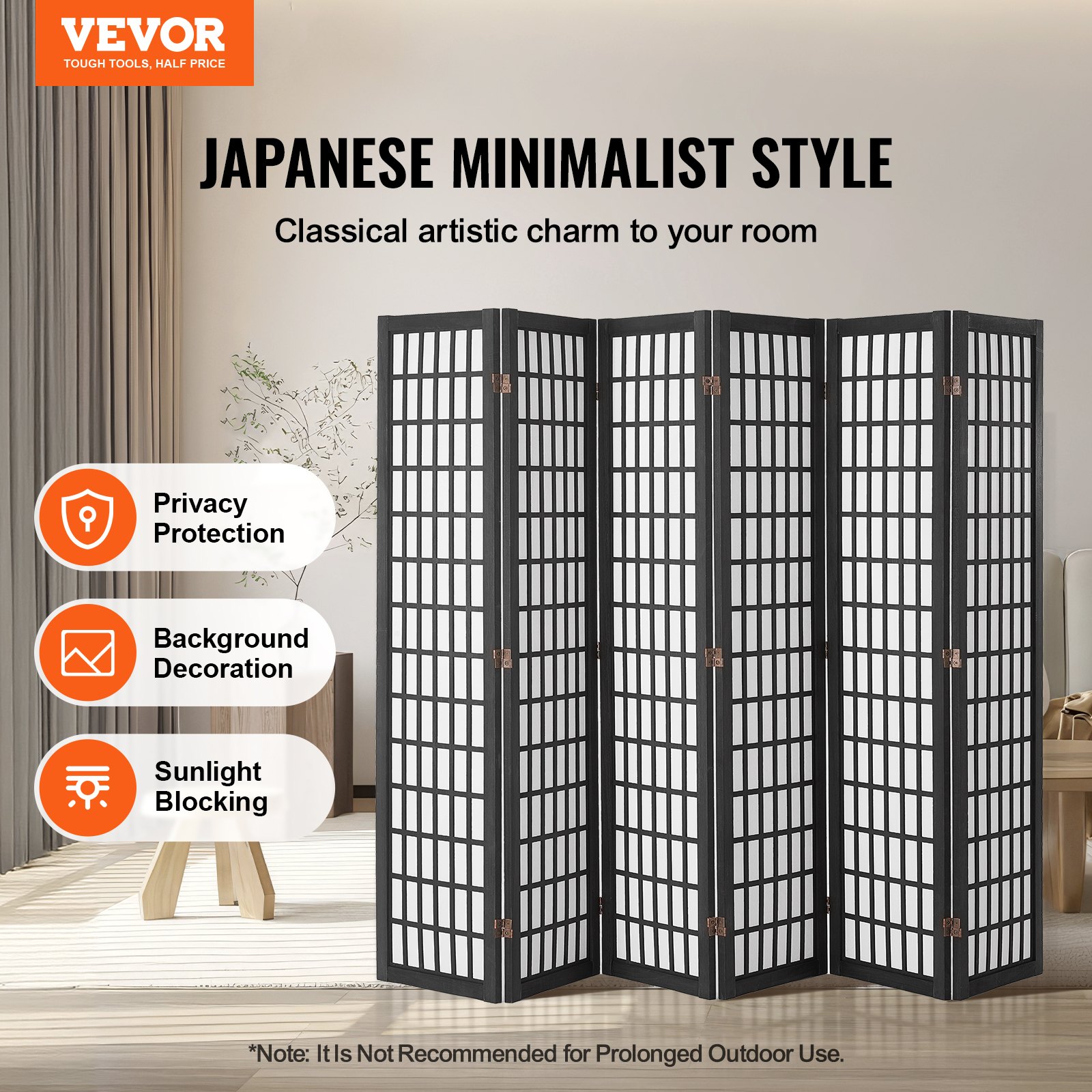 VEVOR Biombo de 6 Paneles, Biombo Japonés Plegable 2420 x 1700 x 18,5 mm para Interiores, Separador Portátil y Decorativo para Separar Espacios en Casa, Oficina, Restaurante y Dormitorio, Negro