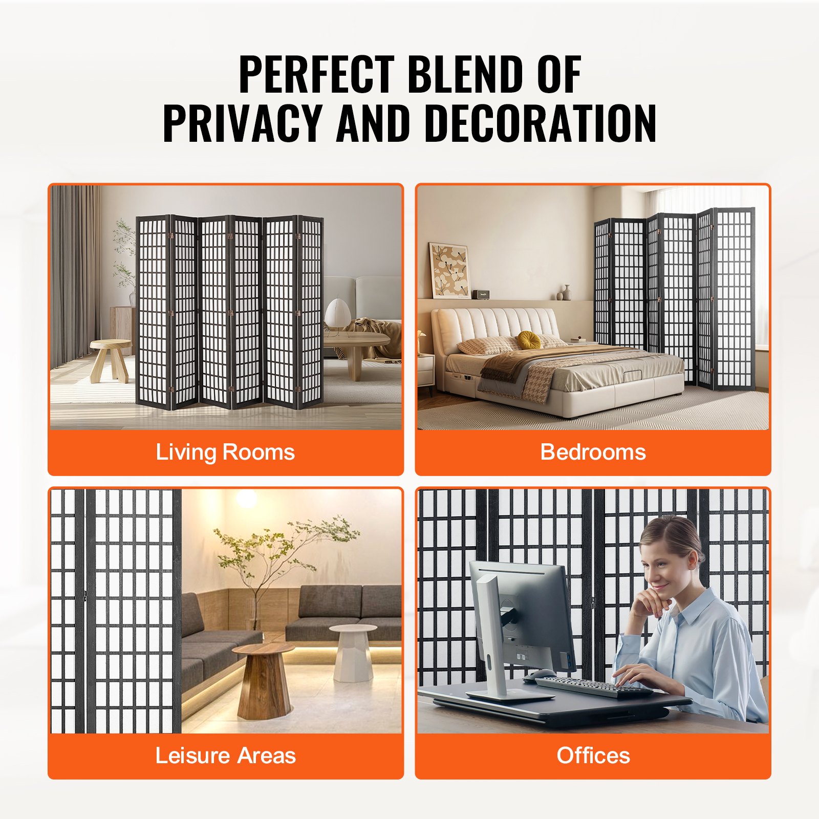 VEVOR Biombo de 6 Paneles, Biombo Japonés Plegable 2420 x 1700 x 18,5 mm para Interiores, Separador Portátil y Decorativo para Separar Espacios en Casa, Oficina, Restaurante y Dormitorio, Negro