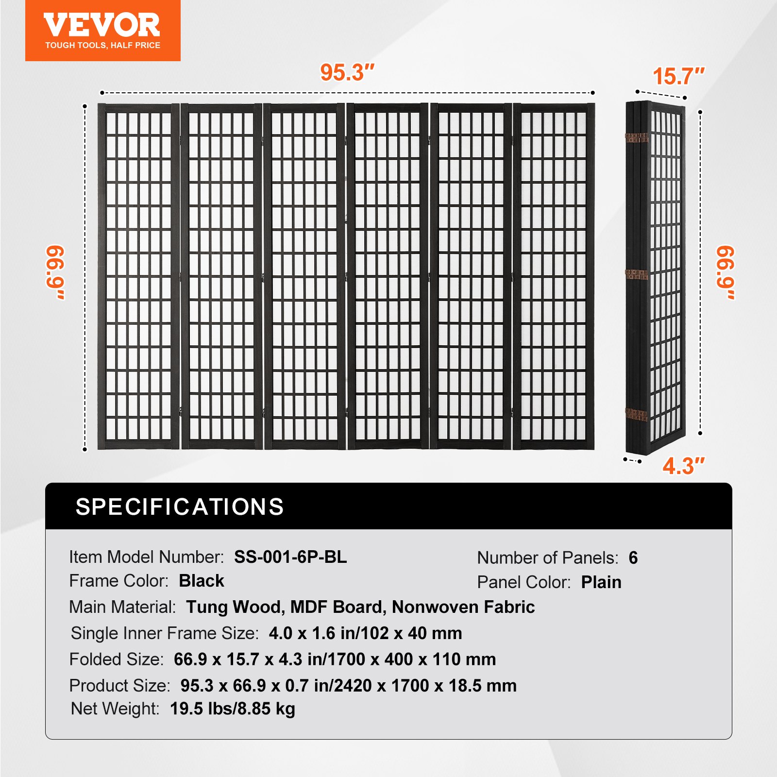 VEVOR Biombo de 6 Paneles, Biombo Japonés Plegable 2420 x 1700 x 18,5 mm para Interiores, Separador Portátil y Decorativo para Separar Espacios en Casa, Oficina, Restaurante y Dormitorio, Negro