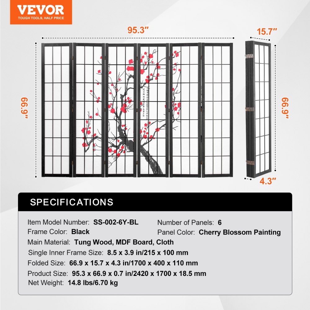 VEVOR 6-piece Japanese room divider, foldable wooden privacy screen for indoor use, partitions with cherry blossom painting, portable decorative screens for room separation in restaurants and bedrooms