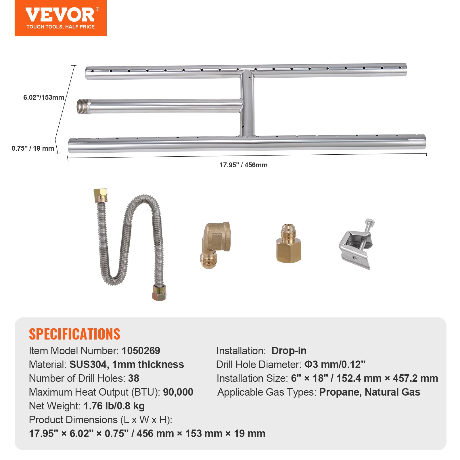 VEVOR Quemador de Brasero Integrado 152,4x457,2 mm Kit de Quemador de Brasero Rectangular de Acero Inoxidable para Gas Natural y Propano 90.000 BTU para Uso Interior y Exterior Hogar Jardín Camping