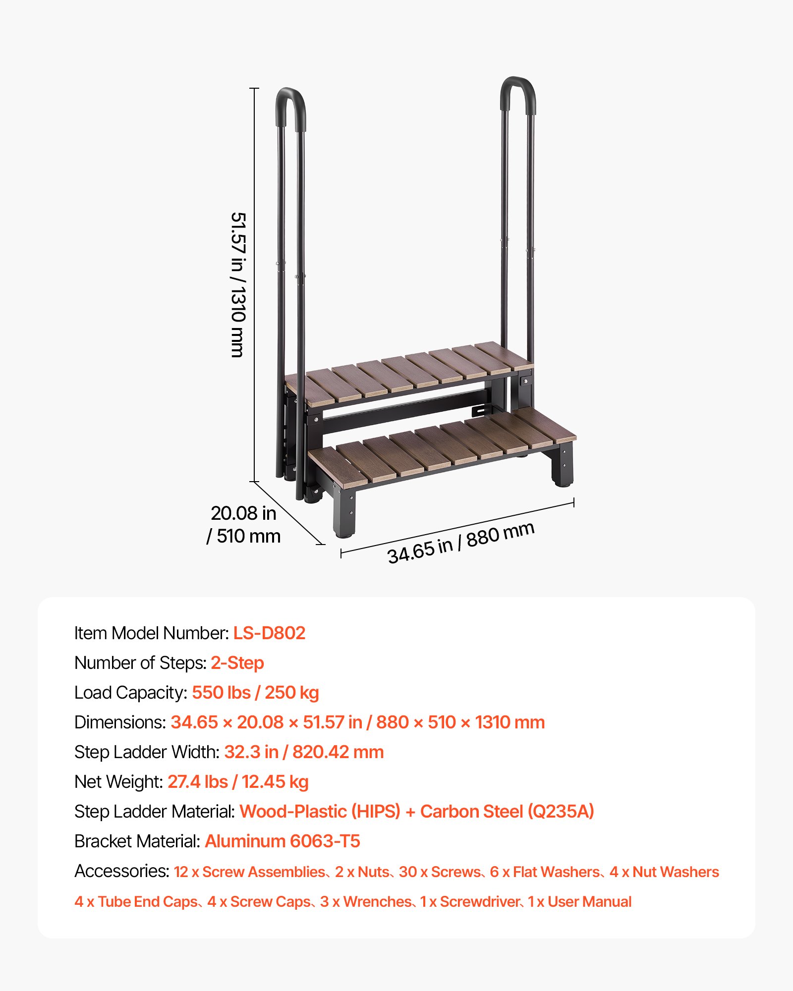 VEVOR Escaleras para Bañera, 2 Peldaños de Plástico HIPS, Ancho de 82 cm, con Pasamanos Desmontables, Capacidad para Trabajos Pesados ​​de 250 kg, para Piscinas Elevadas, Caravanas, Exteriores
