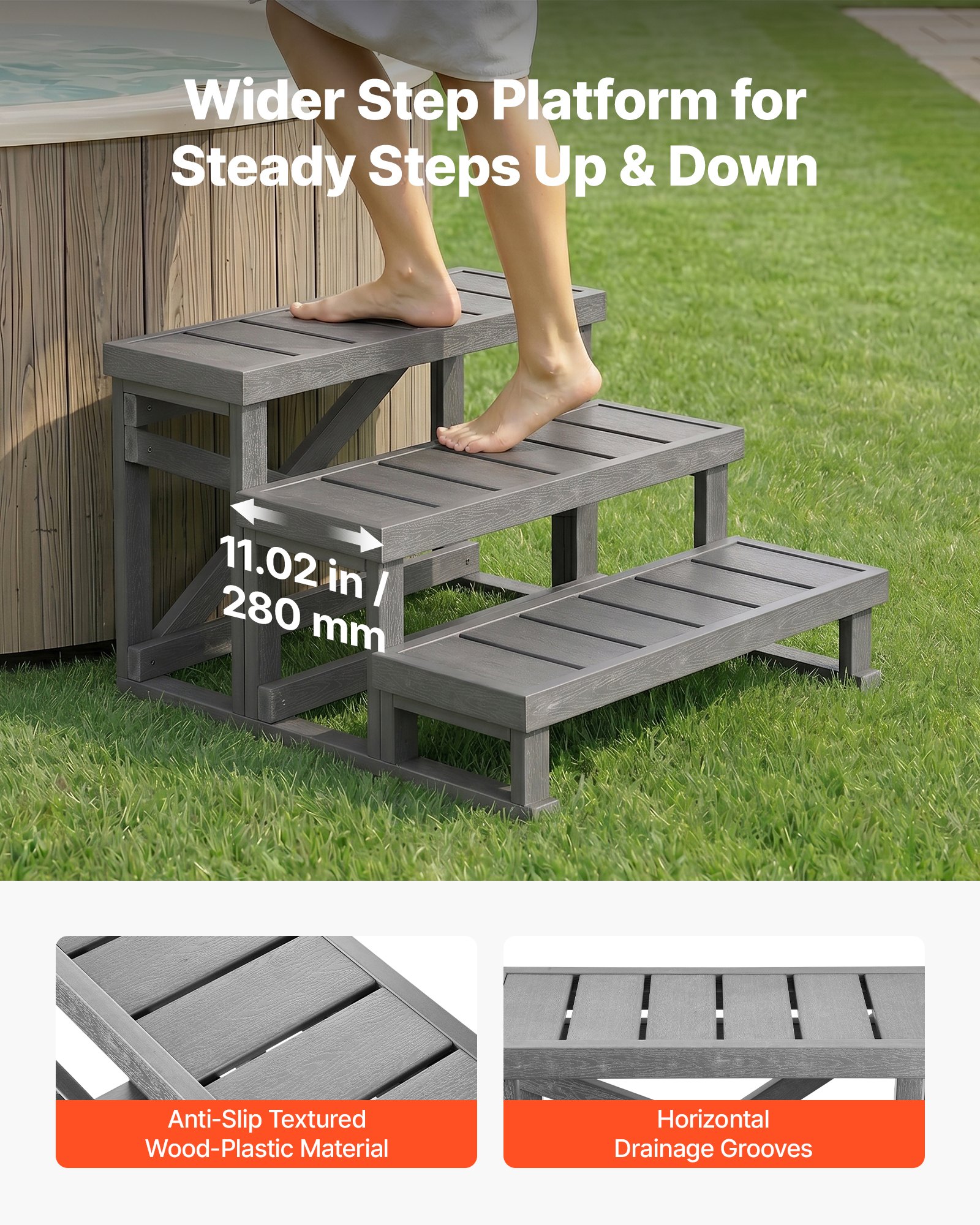 VEVOR Escaleras para Bañera, 3 Peldaños de Plástico HIPS, Ancho de 70 cm, Almohadillas Antideslizantes, Capacidad para Trabajos Pesados ​​de 160 kg, para Piscinas Elevadas, Caravanas, Exteriores