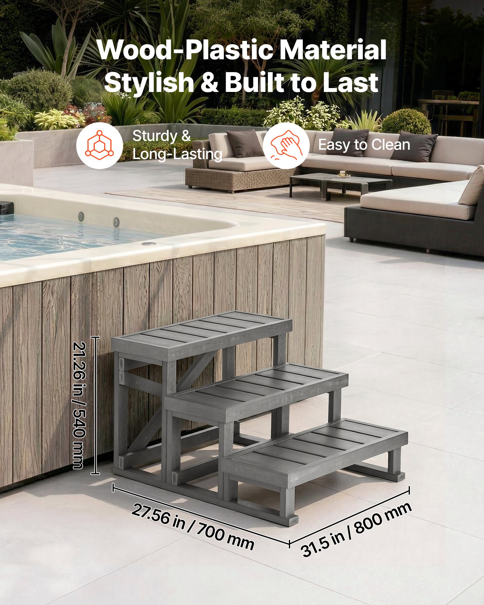 VEVOR Escaleras para Bañera, 3 Peldaños de Plástico HIPS, Ancho de 70 cm, Almohadillas Antideslizantes, Capacidad para Trabajos Pesados ​​de 160 kg, para Piscinas Elevadas, Caravanas, Exteriores