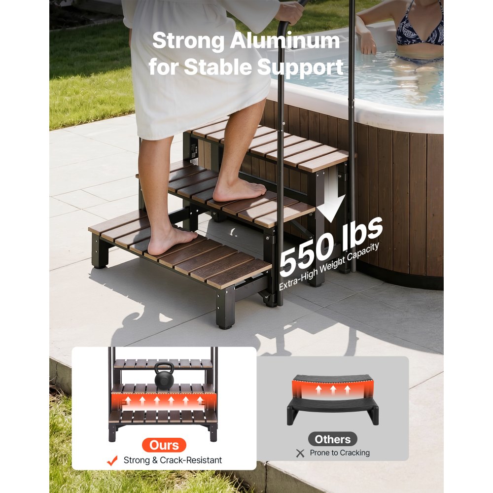 VEVOR Hot Tub Steps with Handrail 3-Step Spa Outdoor Stairs 250 kg Capacity, 820 mm Wide Step, Steel & Sturdy HIPS, Easy Assembly, Non-Slip Step Ladder for Above-Ground/Inflatable Pool, RV,Patio,Deck