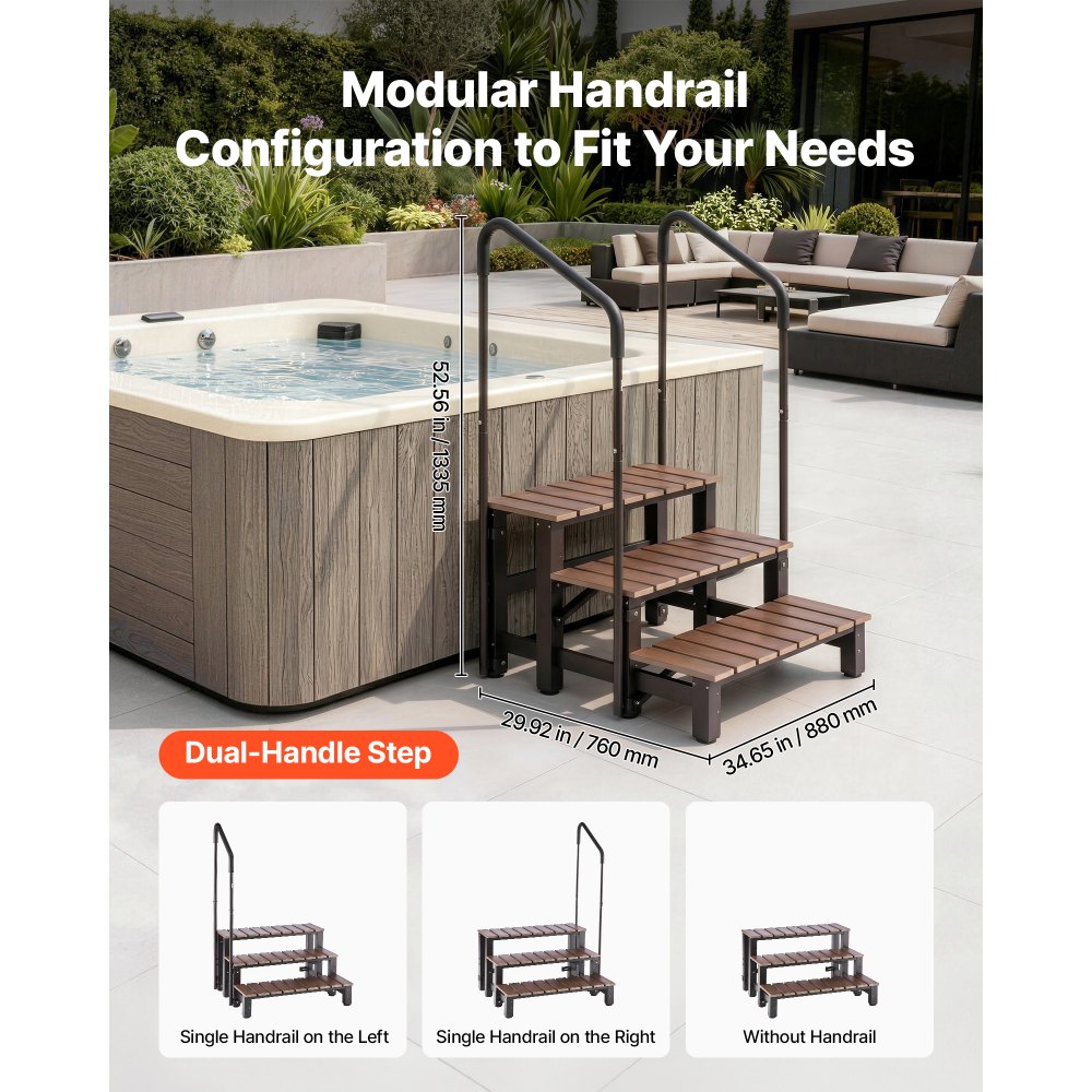 VEVOR Hot Tub Steps with Handrail 3-Step Spa Outdoor Stairs 250 kg Capacity, 820 mm Wide Step, Steel & Sturdy HIPS, Easy Assembly, Non-Slip Step Ladder for Above-Ground/Inflatable Pool, RV,Patio,Deck