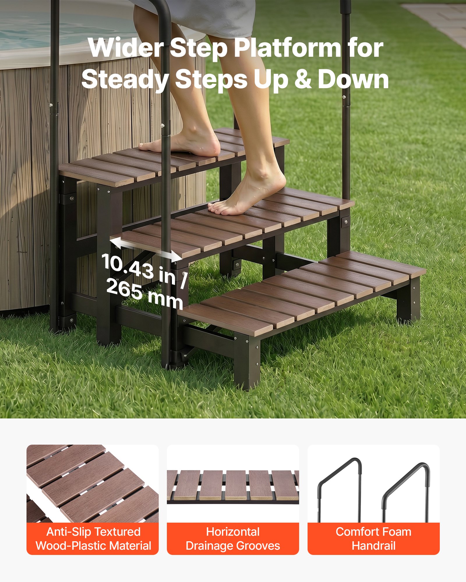 VEVOR Hot Tub Steps with Handrail 3-Step Spa Outdoor Stairs 250 kg Capacity, 820 mm Wide Step, Steel & Sturdy HIPS, Easy Assembly, Non-Slip Step Ladder for Above-Ground/Inflatable Pool, RV,Patio,Deck