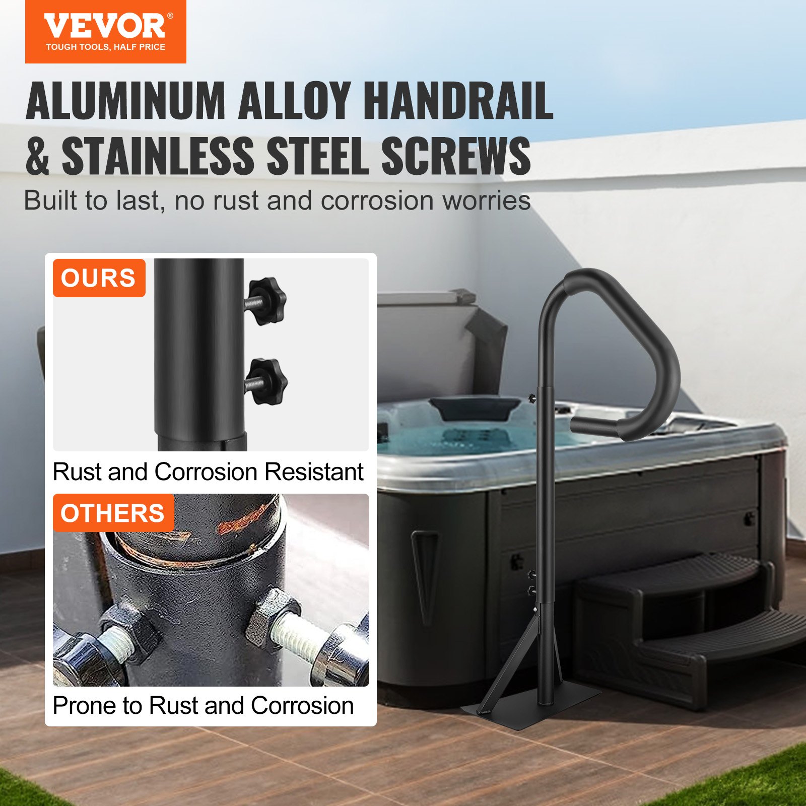 Pasamanos para bañera de hidromasaje VEVOR con aleación de aluminio y tornillos de acero inoxidable para resistencia al óxido y la corrosión.