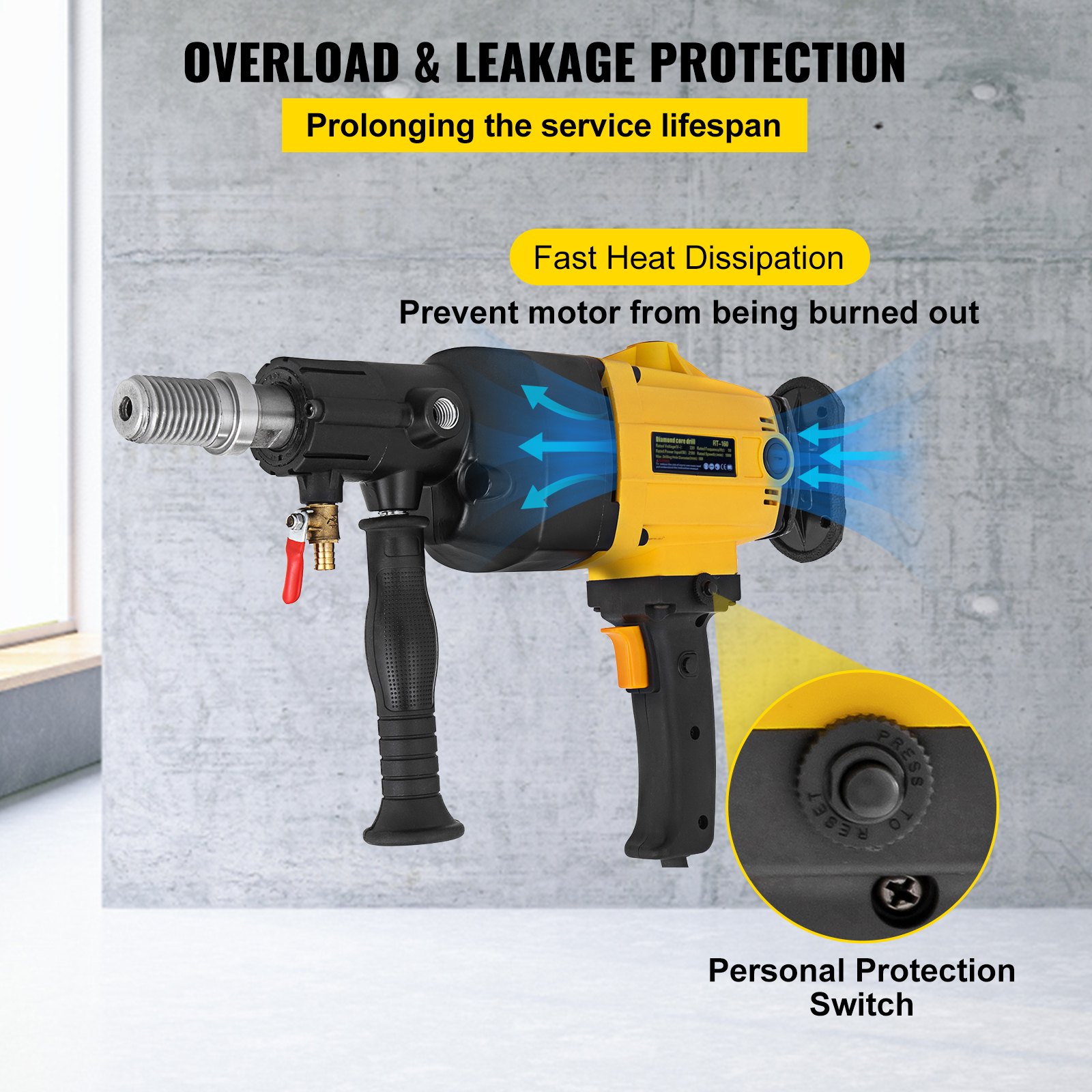 VEVOR Perforadora Hormigon Taladro Diamantado de Perforación de Núcleo de Diamante 2180 W Velocidad de Rotación de 1600 r/min