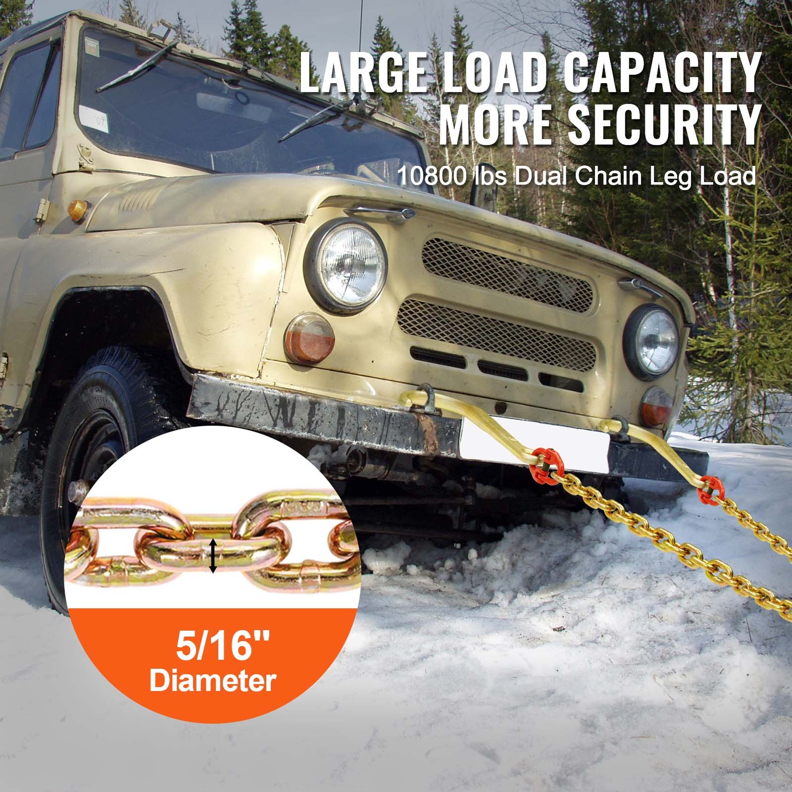 VEVOR Cadena de remolque con gancho J, capacidad de carga 4898 kg, cadena de brida en V para remolque G80 con gancho de agarre 8mm x 60cm para recuperación, transporte, grúa, camión de plataforma