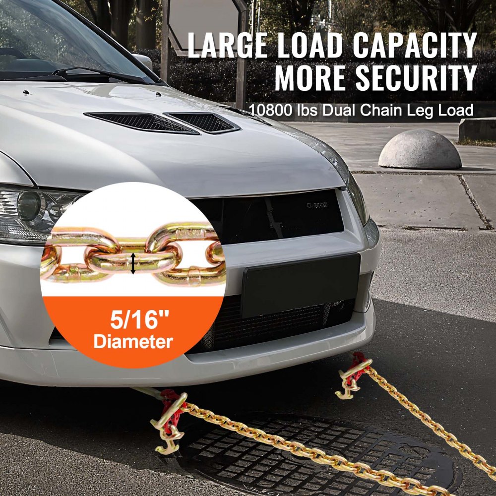 VEVOR G80 V-cable chain, 5/16 inch x 3 foot tow chain with R-hook, T-hook, J-hook and grab hook, transport tow chain with 10800 lbs safe working load for flatbed truck recovery