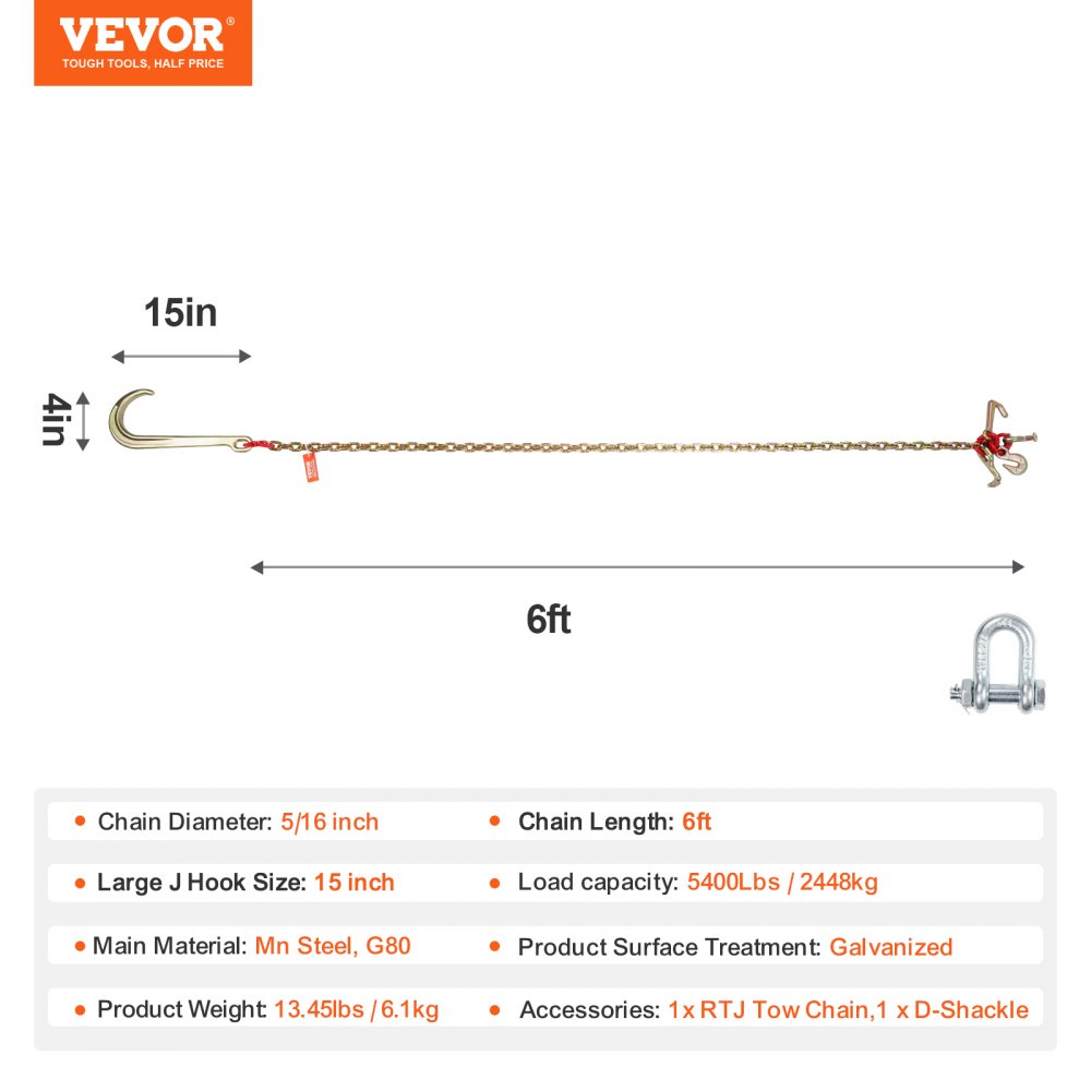 VEVOR Cadena de Remolque con Gancho en J de Vástago Largo, Capacidad de Carga 2448 kg, Cadena de Remolque G80 con Gancho RTJ, 8 mm x 180 cm, para Recuperación, Avería, Transporte, Grúa, Camión