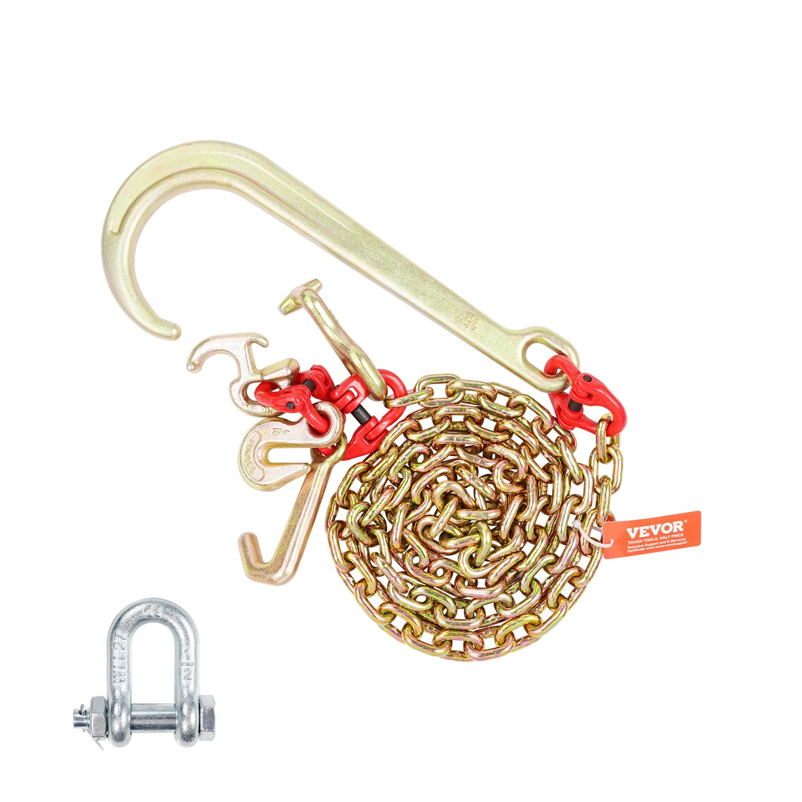 VEVOR Cadena de Remolque con Gancho en J de Vástago Largo, Capacidad de Carga 2448 kg, Cadena de Remolque G80 con Gancho RTJ, 8 mm x 180 cm, para Recuperación, Avería, Transporte, Grúa, Camión