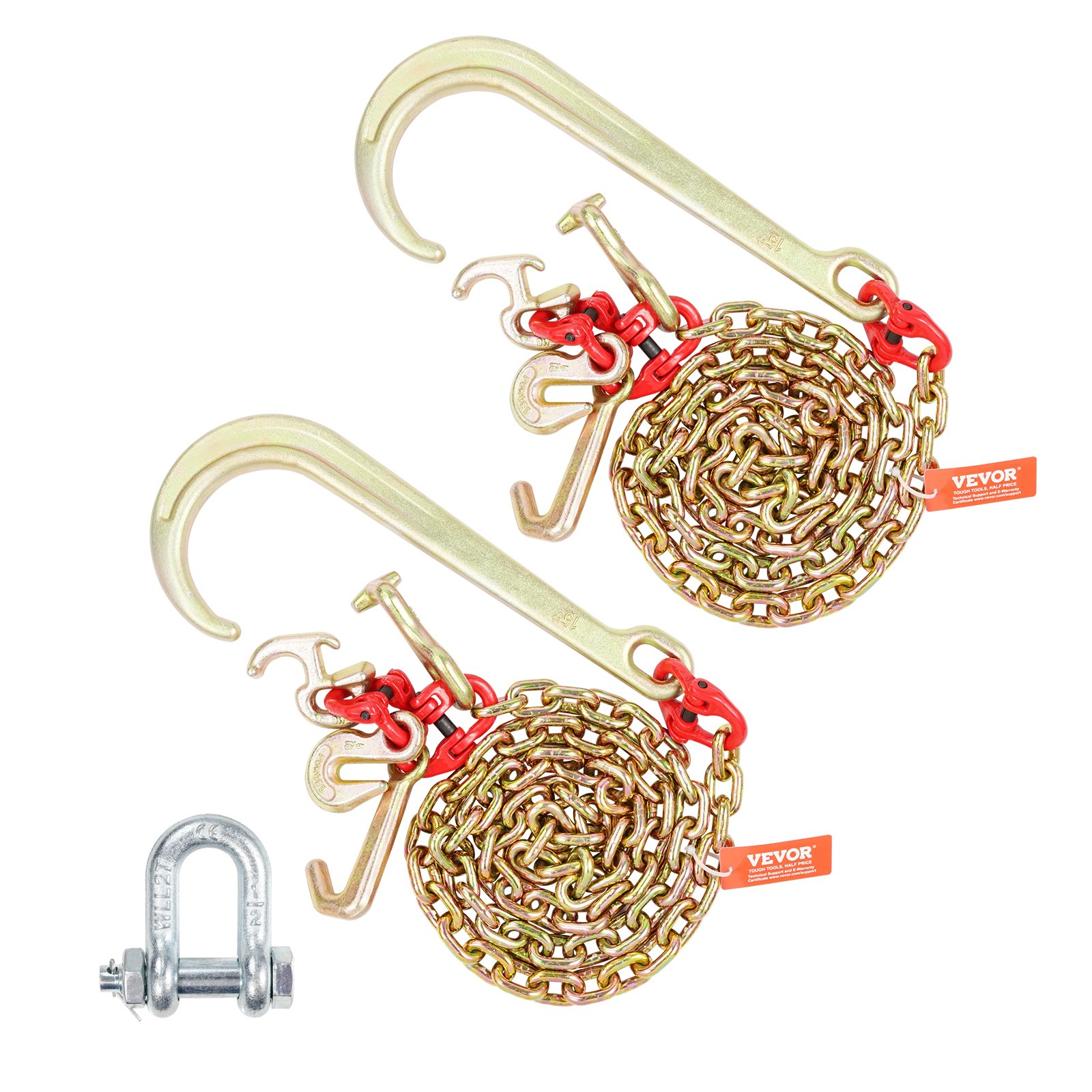 VEVOR J-Hook Chain, 2 pieces, 5/16 inch x 6 foot G80, 15 inch long shank J-hook tow chain with RTJ cluster hook and grab hook, 5400 lbs working load, heavy-duty transport truck chain for towing trailers