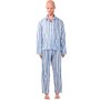 Maniquí de enfermería VEVOR vestido con un pijama de rayas azules y blancas de pie sobre un fondo blanco.