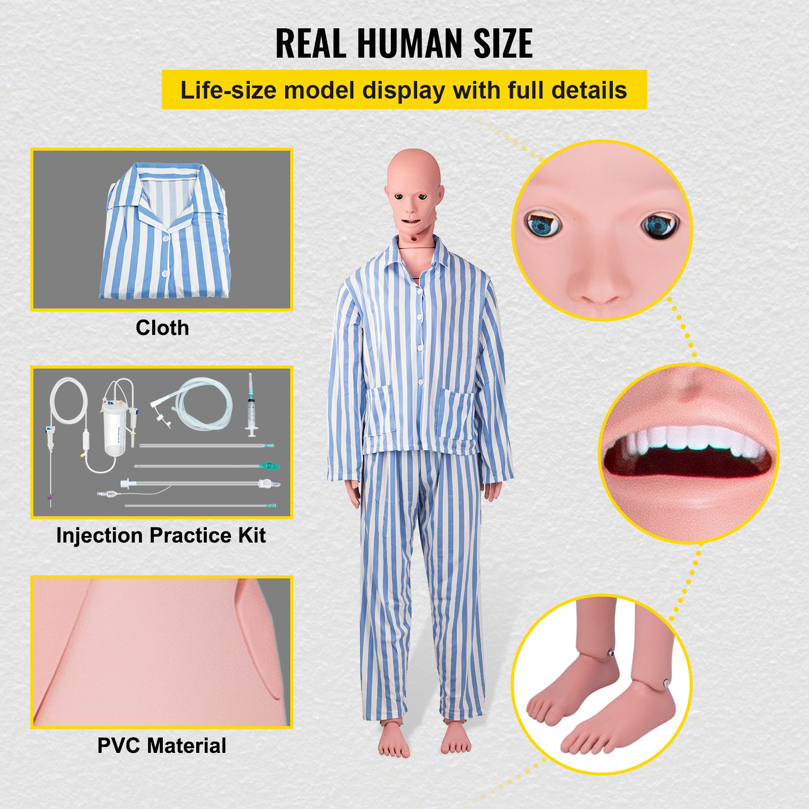 Maniquí de enfermería VEVOR con tela, kit de práctica de inyección y características detalladas de pvc.