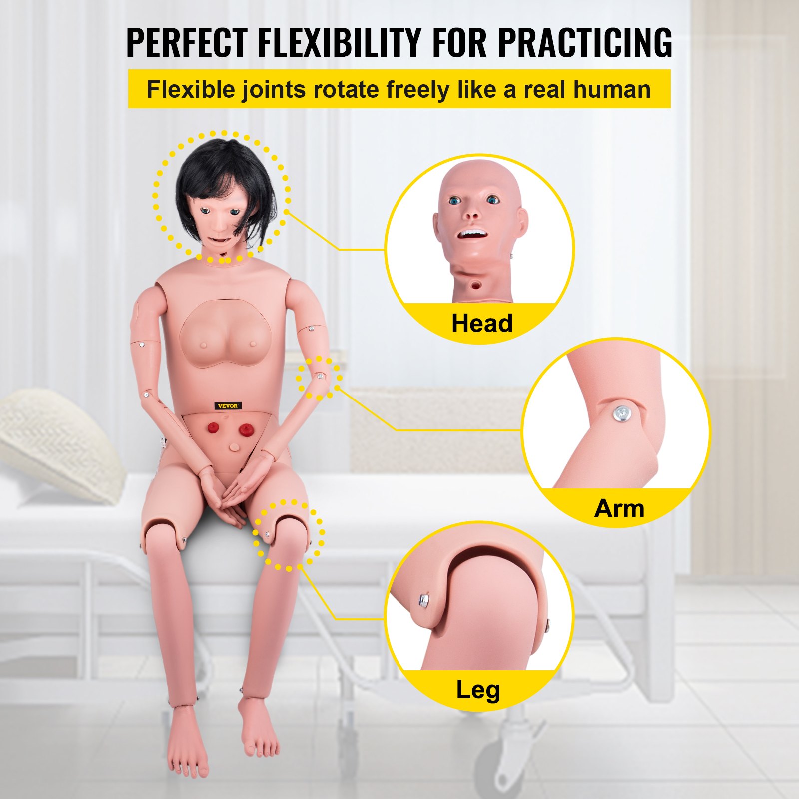 Maniquí de enfermería VEVOR que muestra articulaciones flexibles en la cabeza, los brazos y las piernas para la práctica.