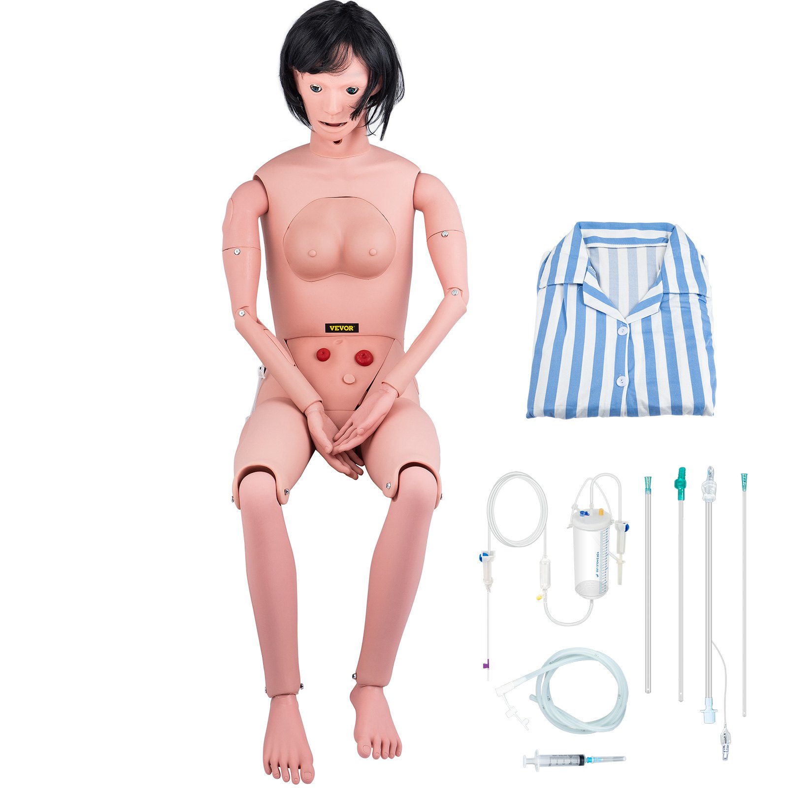 Maniquí de enfermería VEVOR con camisa de rayas y accesorios de formación médica.