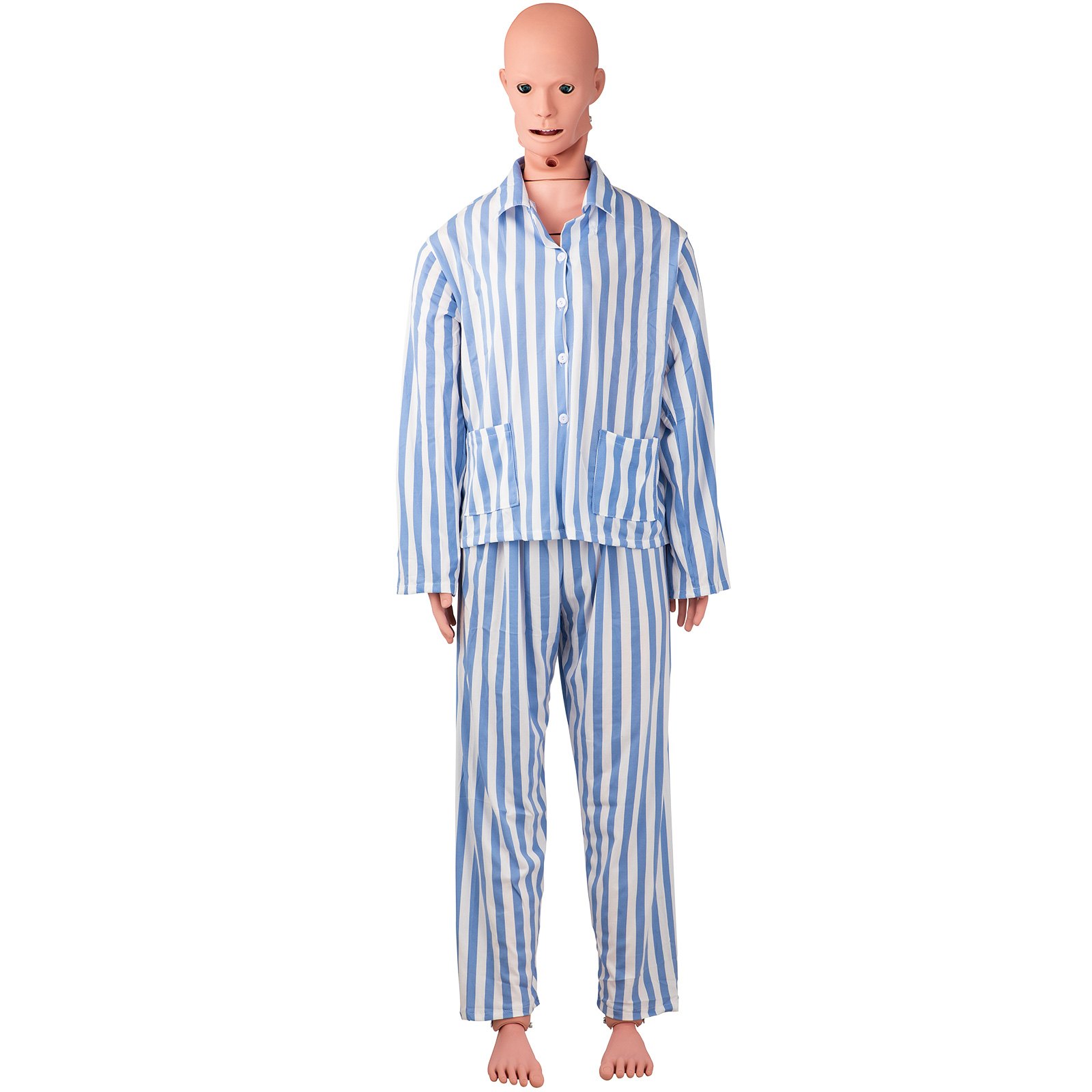 Maniquí de enfermería VEVOR vestido con un pijama de rayas azules y blancas de pie sobre un fondo blanco.