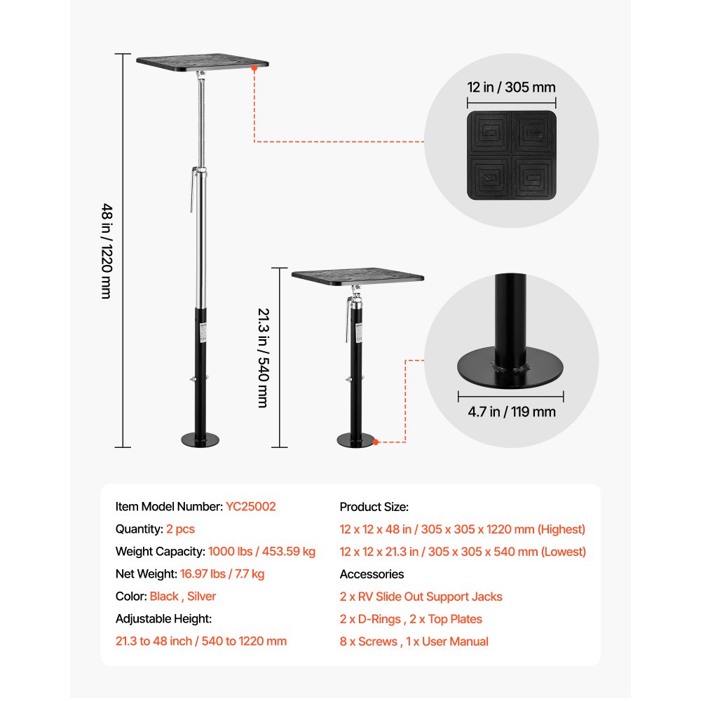 VEVOR RV Slide Out Support Jack, 2 PCS Camper Slide-Out Leveling Jack, Powder-Coated Steel Support Jacks for RV, Camper, Travel Trailer, Supports Up to 453.59kg, Adjustable from 541.02 to 48 1219.2mm
