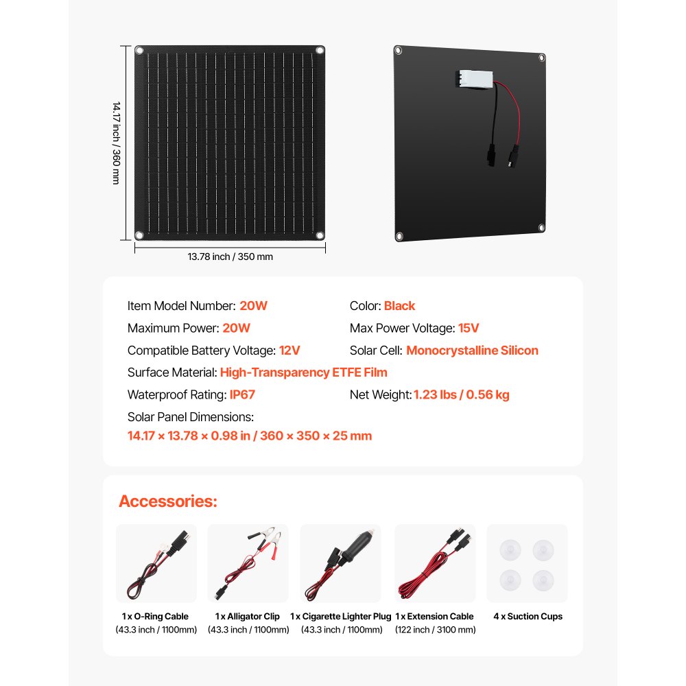 VEVOR Cargador de Batería Solar 20 W, con Células Monocristalinas, Controlador Inteligente Integrado y Cables de Conexión, Resistente al Agua IP67, para Coches, Barcos y Autocaravanas, Negro